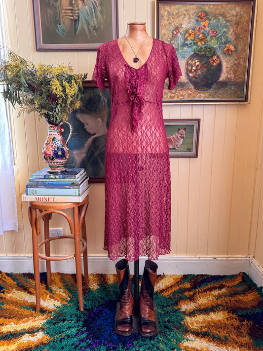 VINTAGE 1990S SARAH-JANE SHEER LACE RUFFLE STRETCH MIDI DRESS S/M