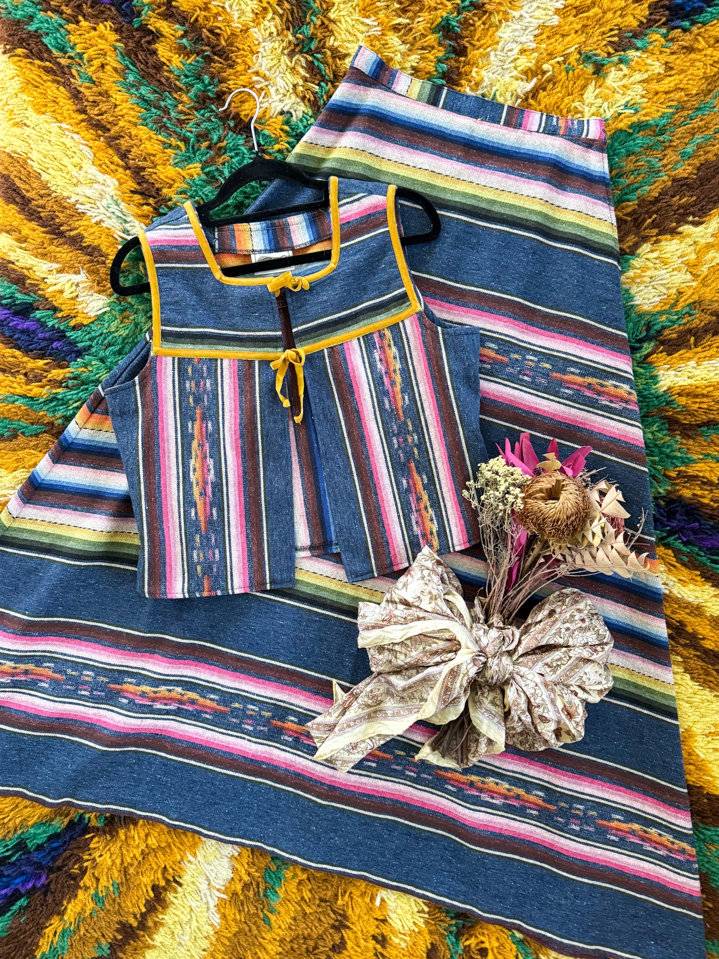 VINTAGE 1970S DANISH KILIM PRINT TWO PIECE TOP + MAXI SKIRT SET S