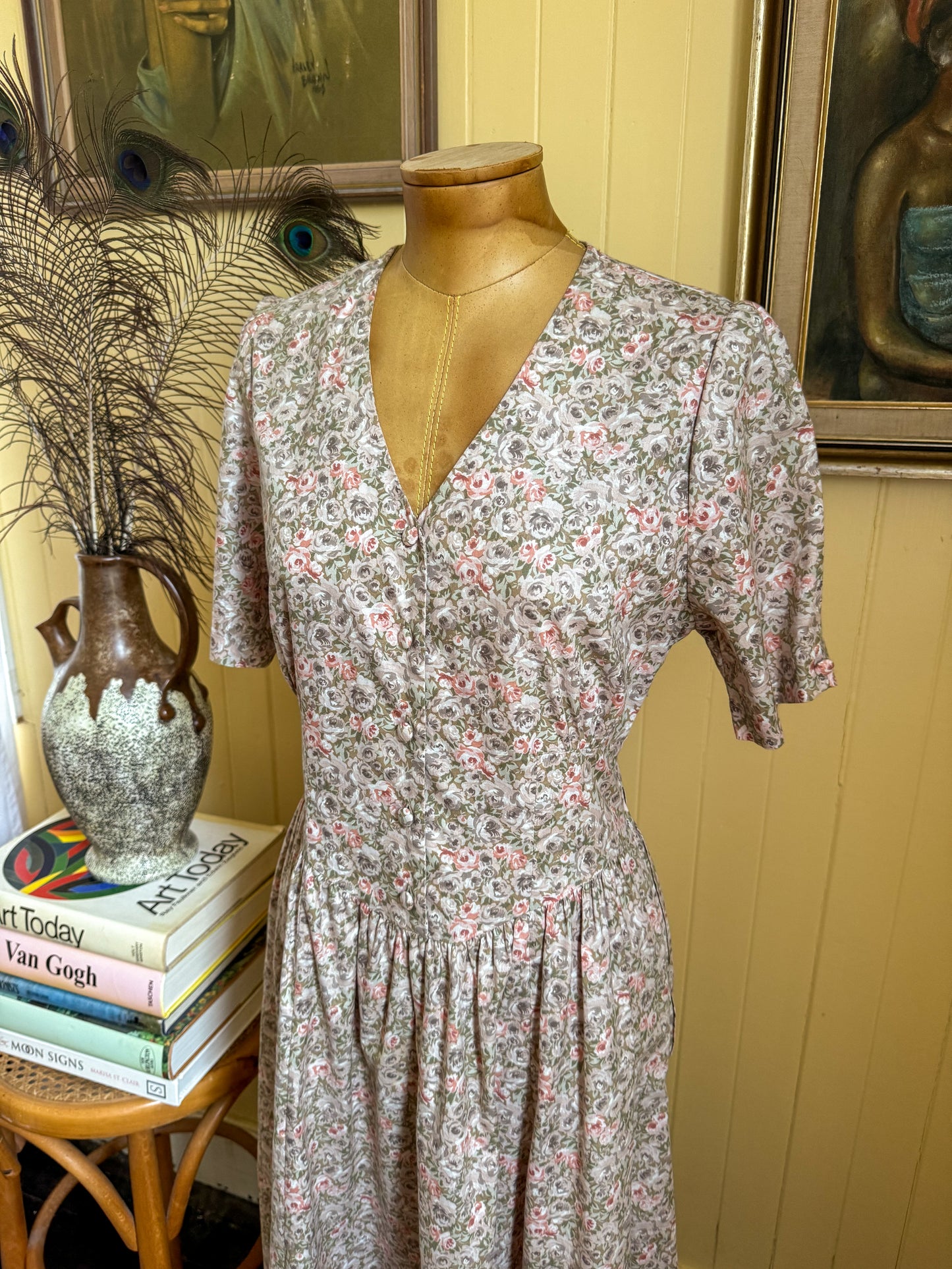 VINTAGE 1980S ENGLISH LAURA ASHLEY COTTON FLORAL PRINT PRAIRIE DRESS S