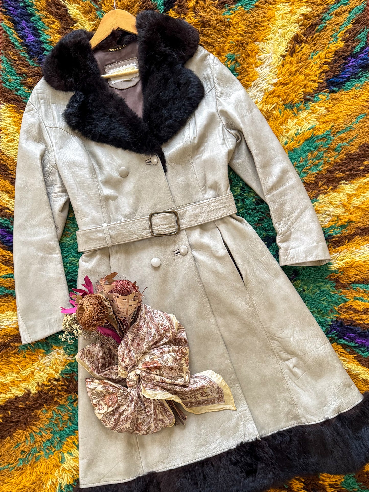 VINTAGE 1970S STEPHEN DATTNER LEATHER FUR TRIM PENNY LANE LONG COAT M/L