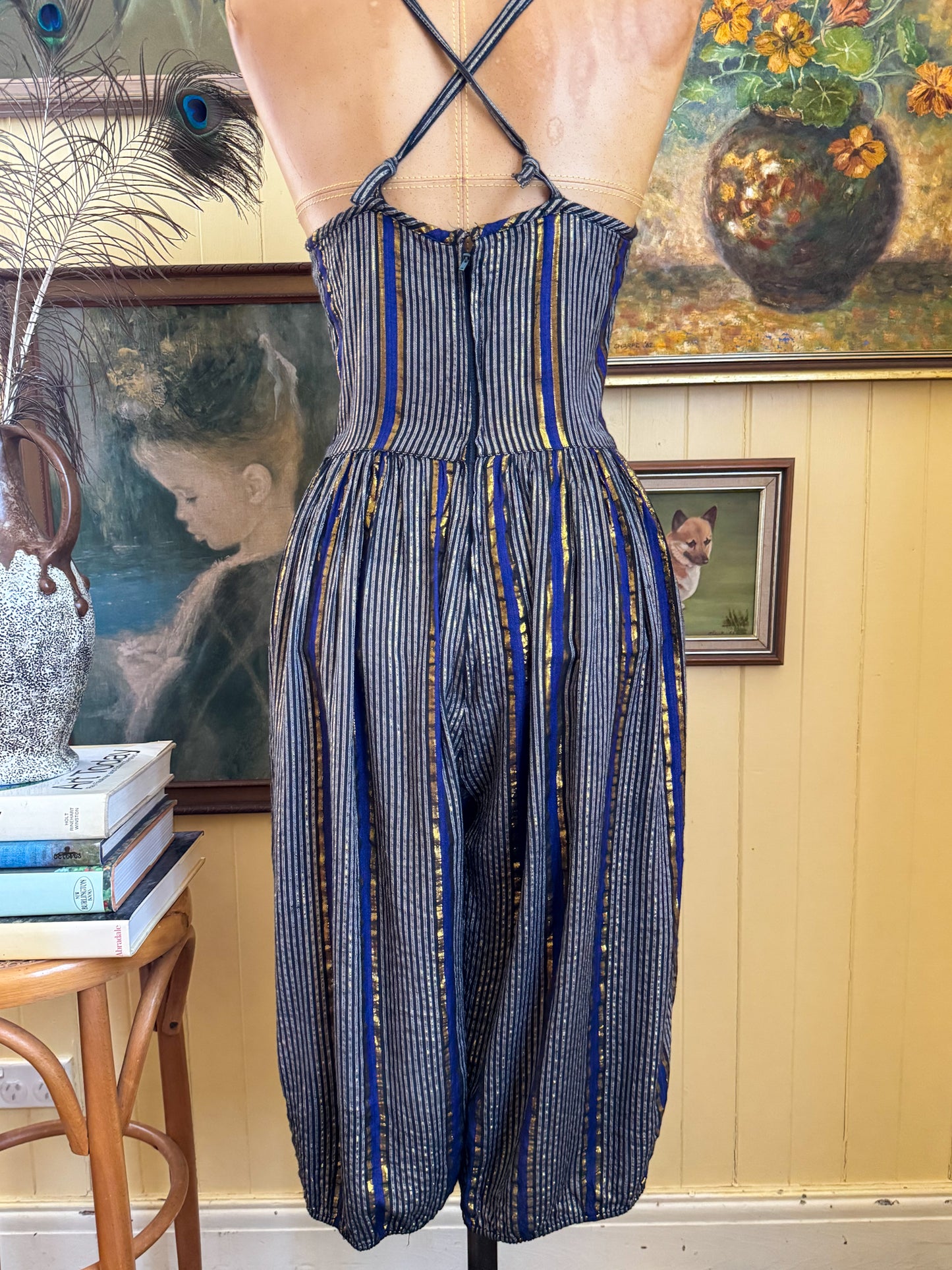 VINTAGE 1980S ADINI INDIAN COTTON LUREX STRAPPY CROPPED JUMPSUIT XS