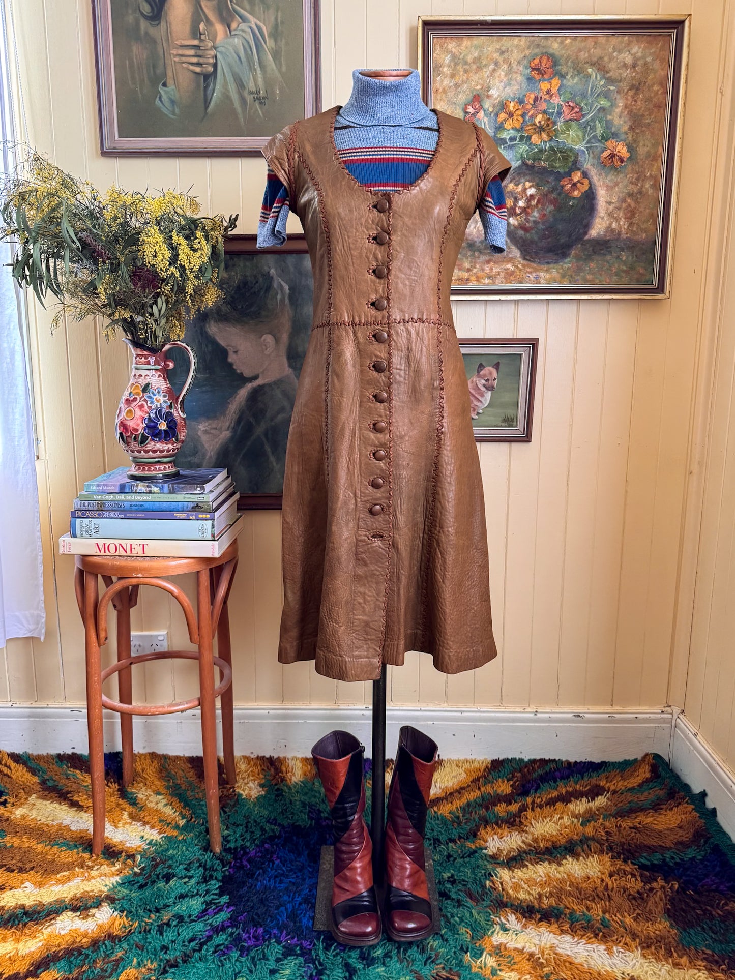 VINTAGE 1970S RARE ICONIC NORTH BEACH LEATHER WHIPSTITCH MIDI DRESS XS
