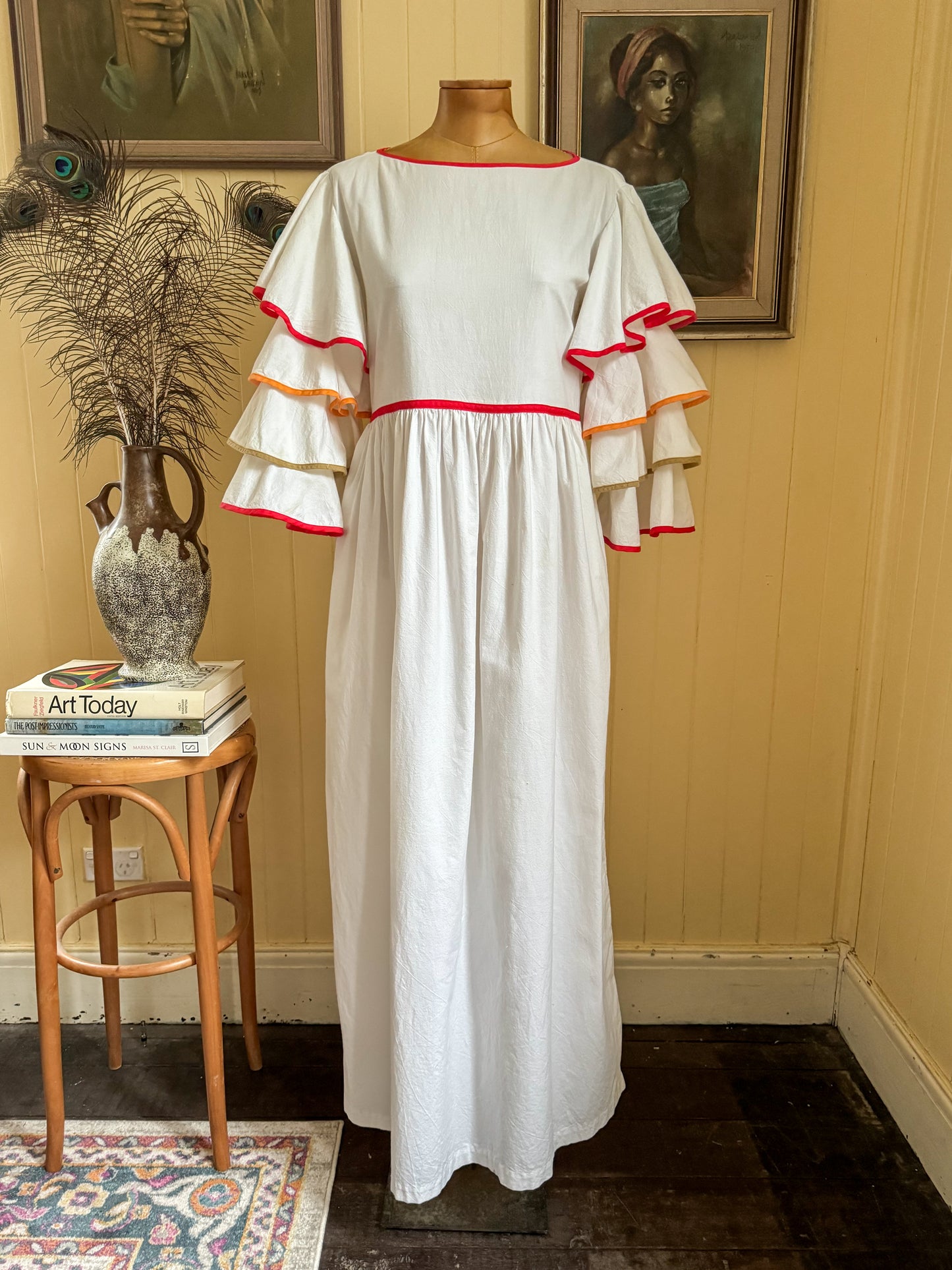 VINTAGE 1970S PATTI CAPPALLI COTTON RUFFLED SLEEVE PRAIRIE MAXI DRESS S