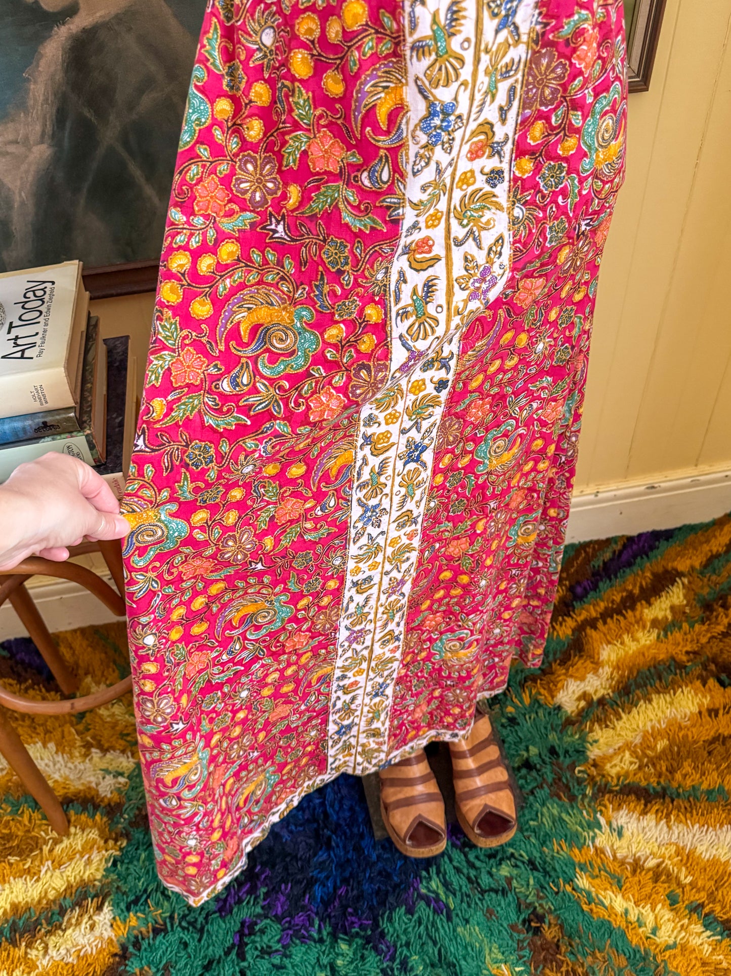 VINTAGE 1970S JAPANESE COTTON BATIK PRINT MAXI PEASANT DRESS S/M