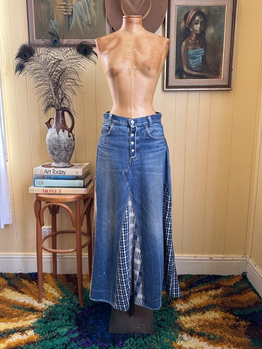 VINTAGE REWORKED LEVI’S COTTON DENIM PATCHWORK SPLICED MAXI SKIRT M