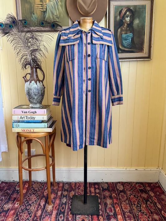 VINTAGE 1960S MISS WEATHERGAY COTTON DENIM LONGLINE STRIPED OVERCOAT M