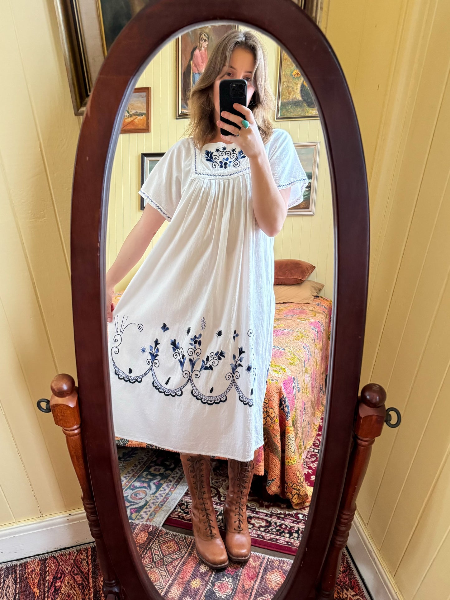 VINTAGE 1980S COTTON EMBROIDERED MIDI PEASANT DRESS M