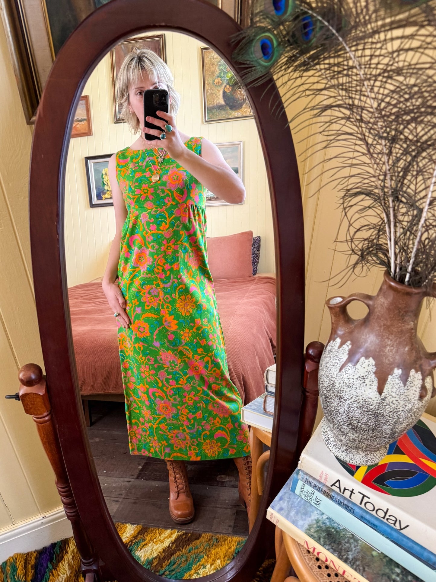 VINTAGE 1970S HANDMADE COTTON PSYCHEDELIC FLORAL PRINT COLUMN MAXI DRESS M