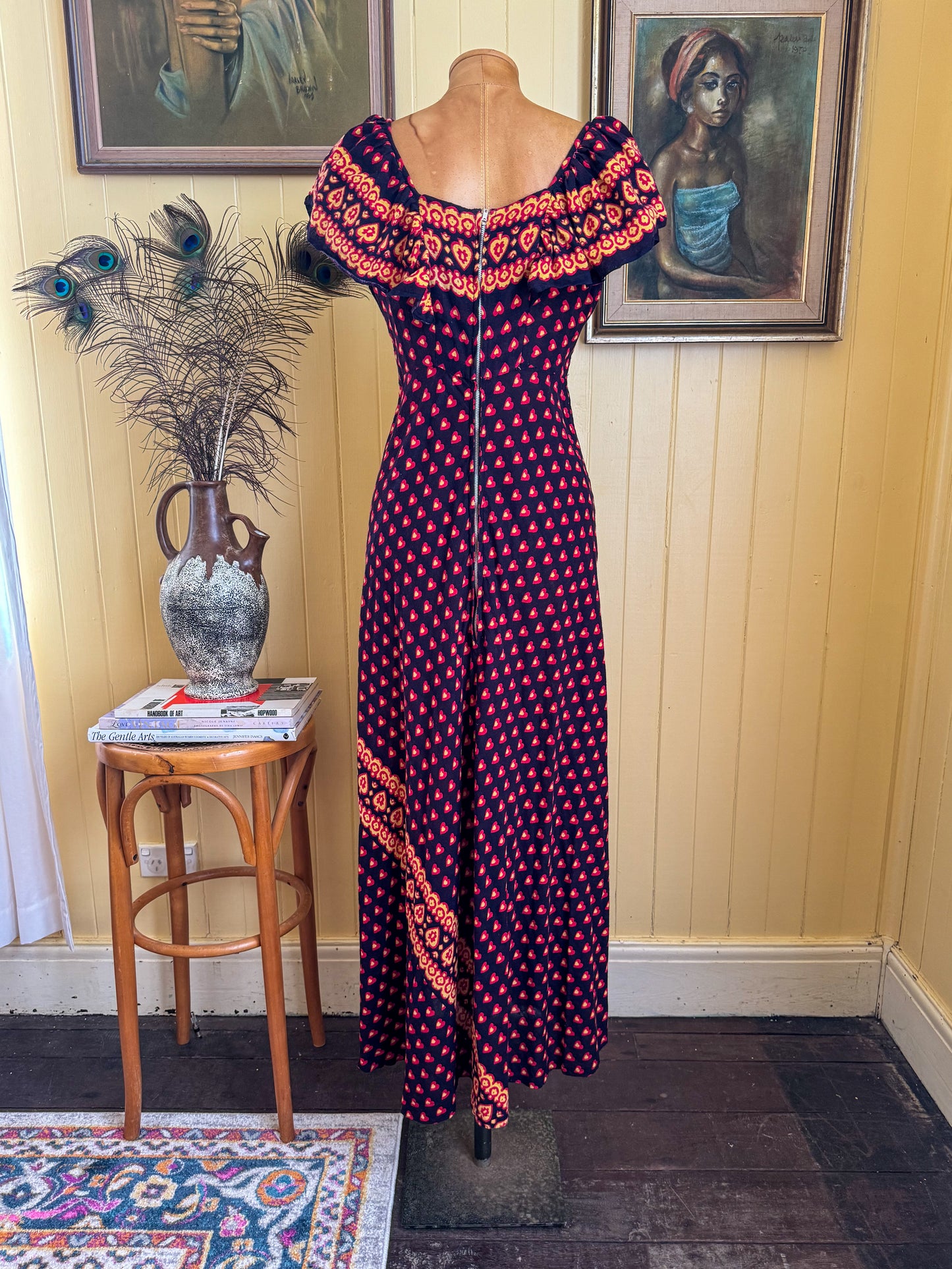 VINTAGE 1970S PAKISTANI COTTON HAND BLOCK PRINT MAXI DRESS S