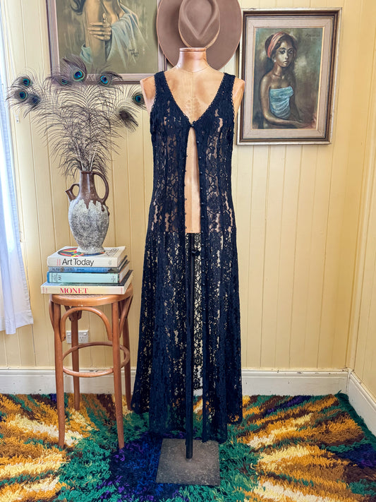 VINTAGE 1990S BLACK LACE SLEEVELESS MAXI DUSTER DRESS XS/S