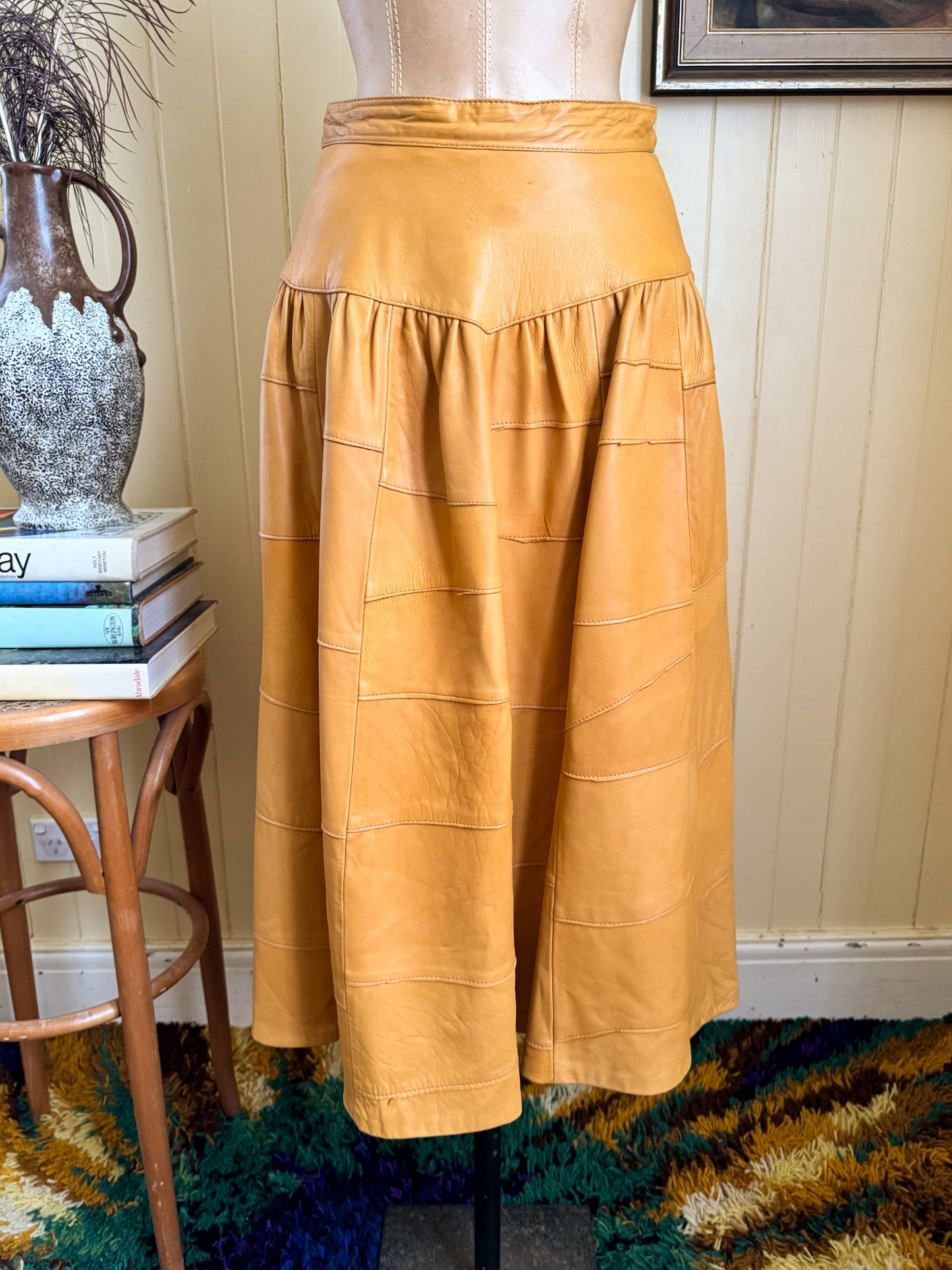 VINTAGE 1980S DRESKE SOMOFF YELLOW LEATHER PATCHWORK MIDI SKIRT XS