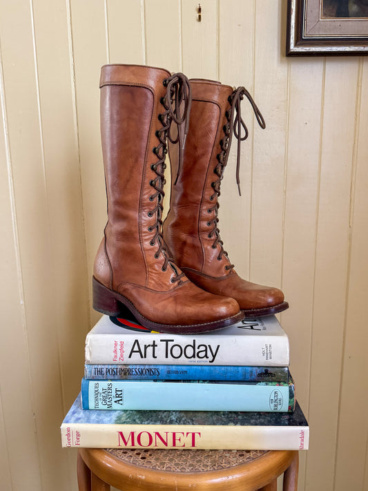 VINTAGE FRYE CAMPUS LEATHER MID CALF LACE UP BOOTS 10/41
