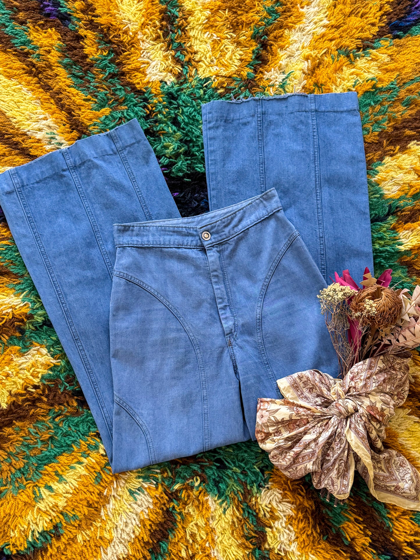 VINTAGE 1970S AMCO PEACHES HIGH WAIST PANELLED FLARE DENIM JEANS XS/S