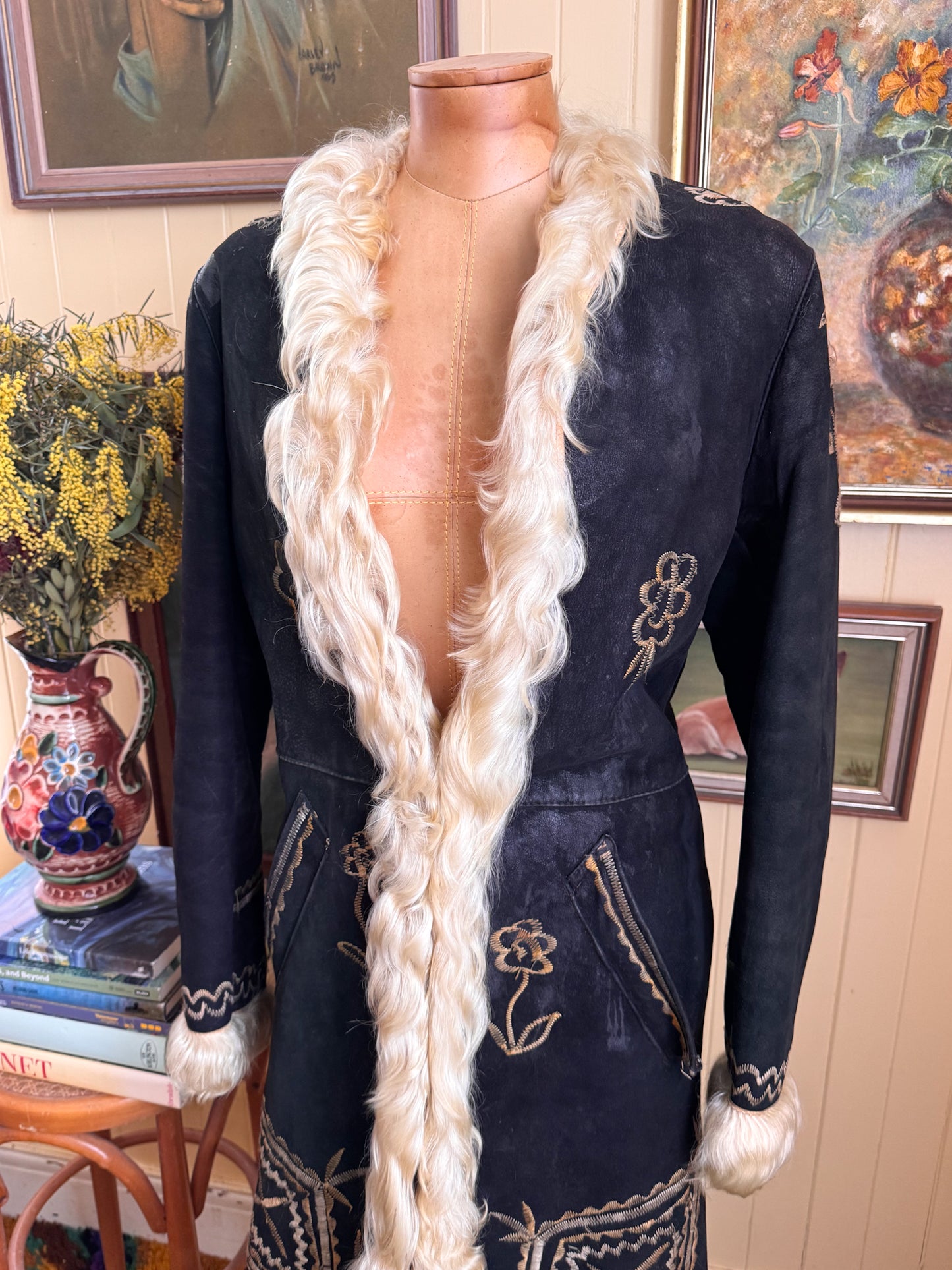 VINTAGE 1960S RARE AFGHAN SUEDE LEATHER MONGOLIAN WOOL PENNY LANE EMBROIDERED LONG COAT S