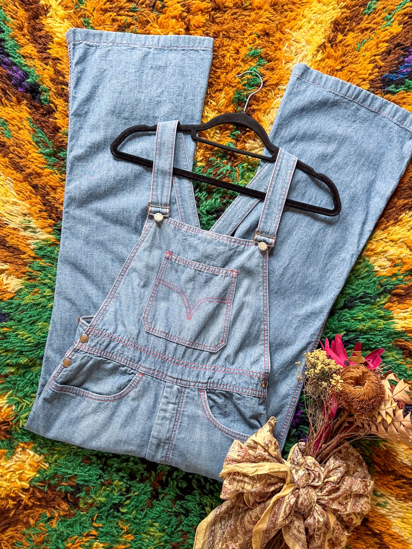 VINTAGE 1970S AMCO COTTON DENIM KICK FLARE DUNGAREES OVERALLS XS/S