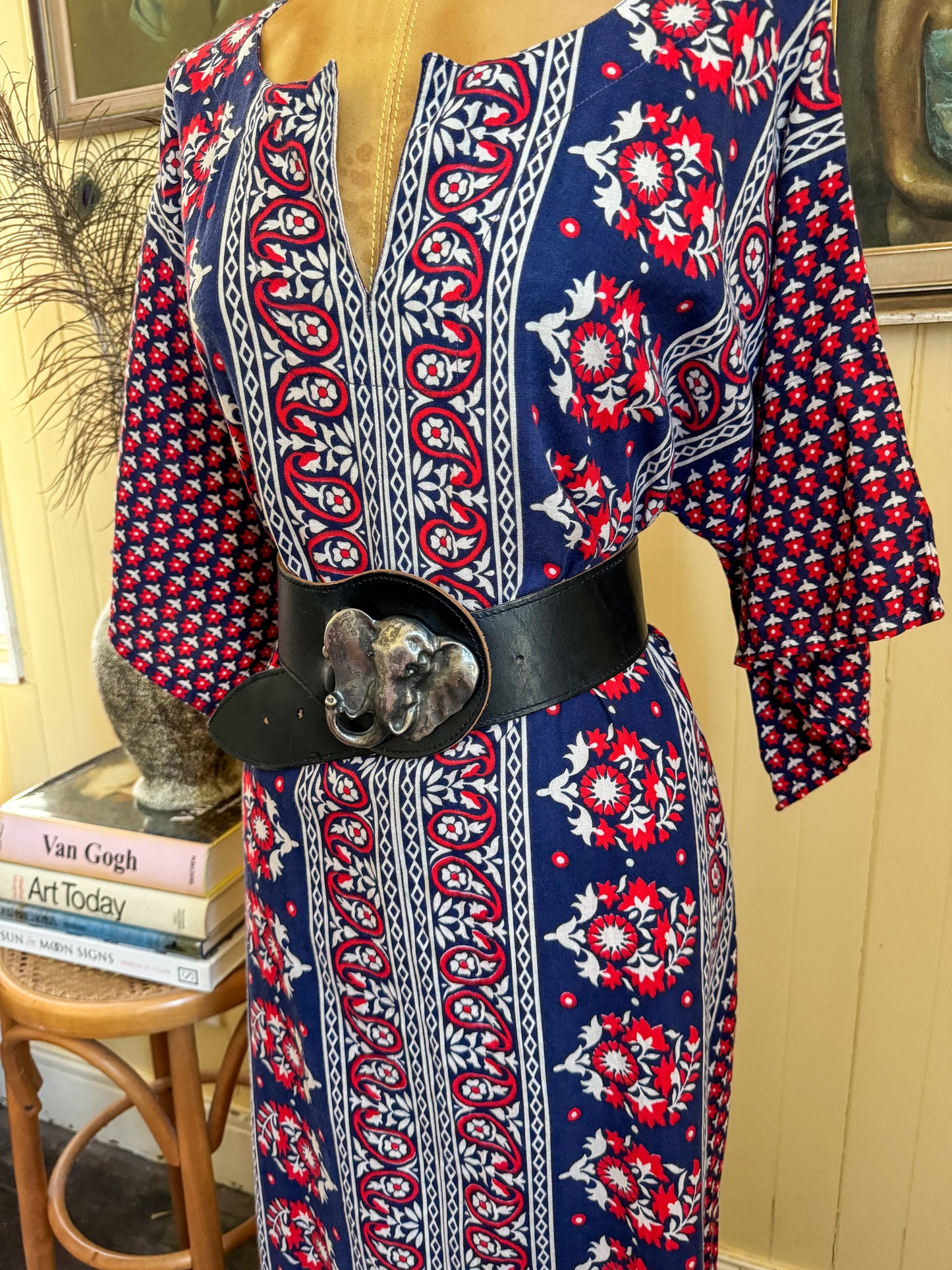 VINTAGE 1980S PAKISTANI COTTON BLOCK PRINT KIMONO SLEEVE MAXI DRESS L