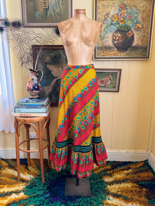 VINTAGE 1970S GERMAN LUCIE LINDEN COTTON PRINT RUFFLE MIDI PEASANT SKIRT M