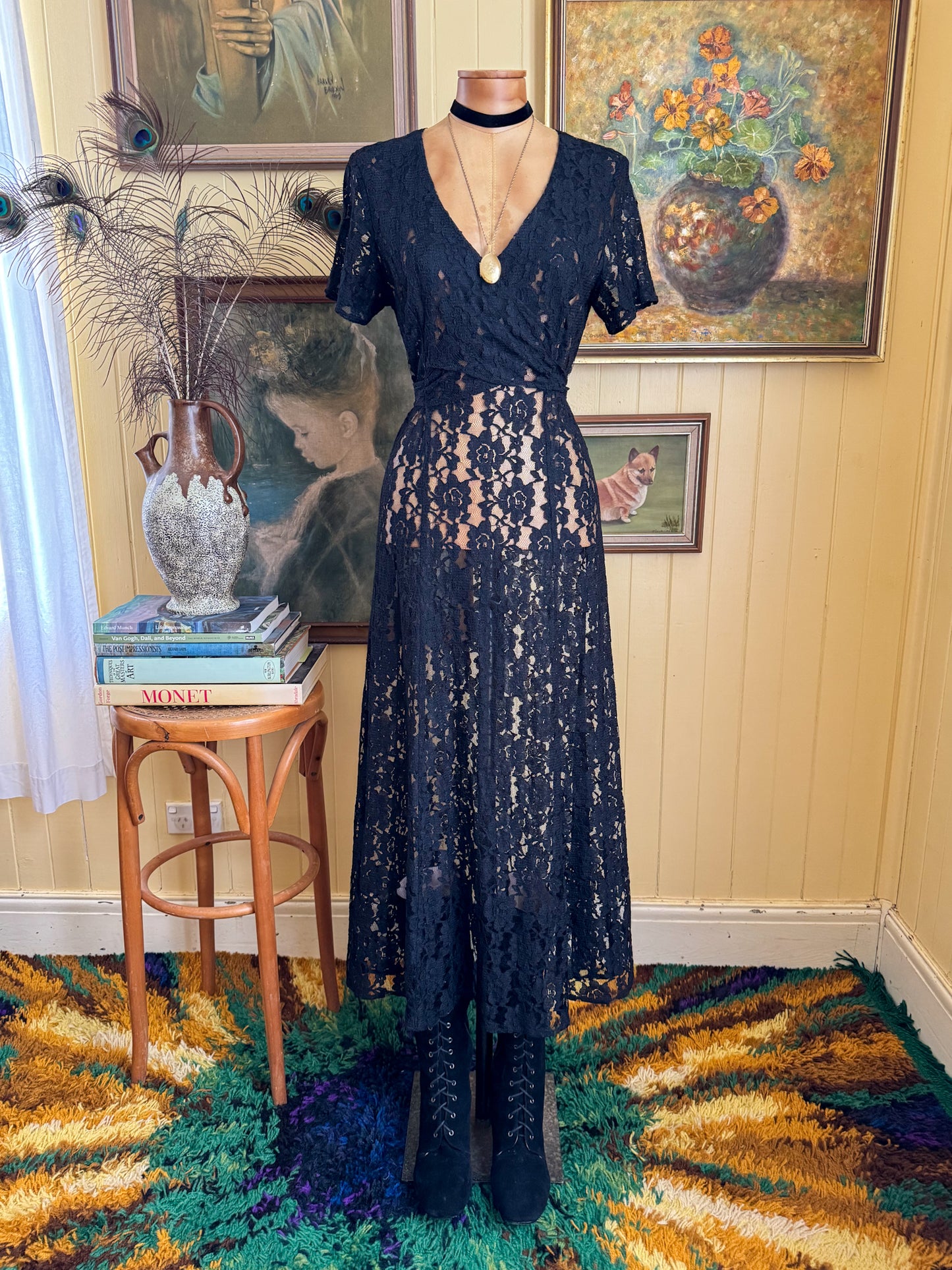 VINTAGE 1990S LOVE LOVE SHEER BLACK LACE WRAP FRONT MAXI DRESS S/M