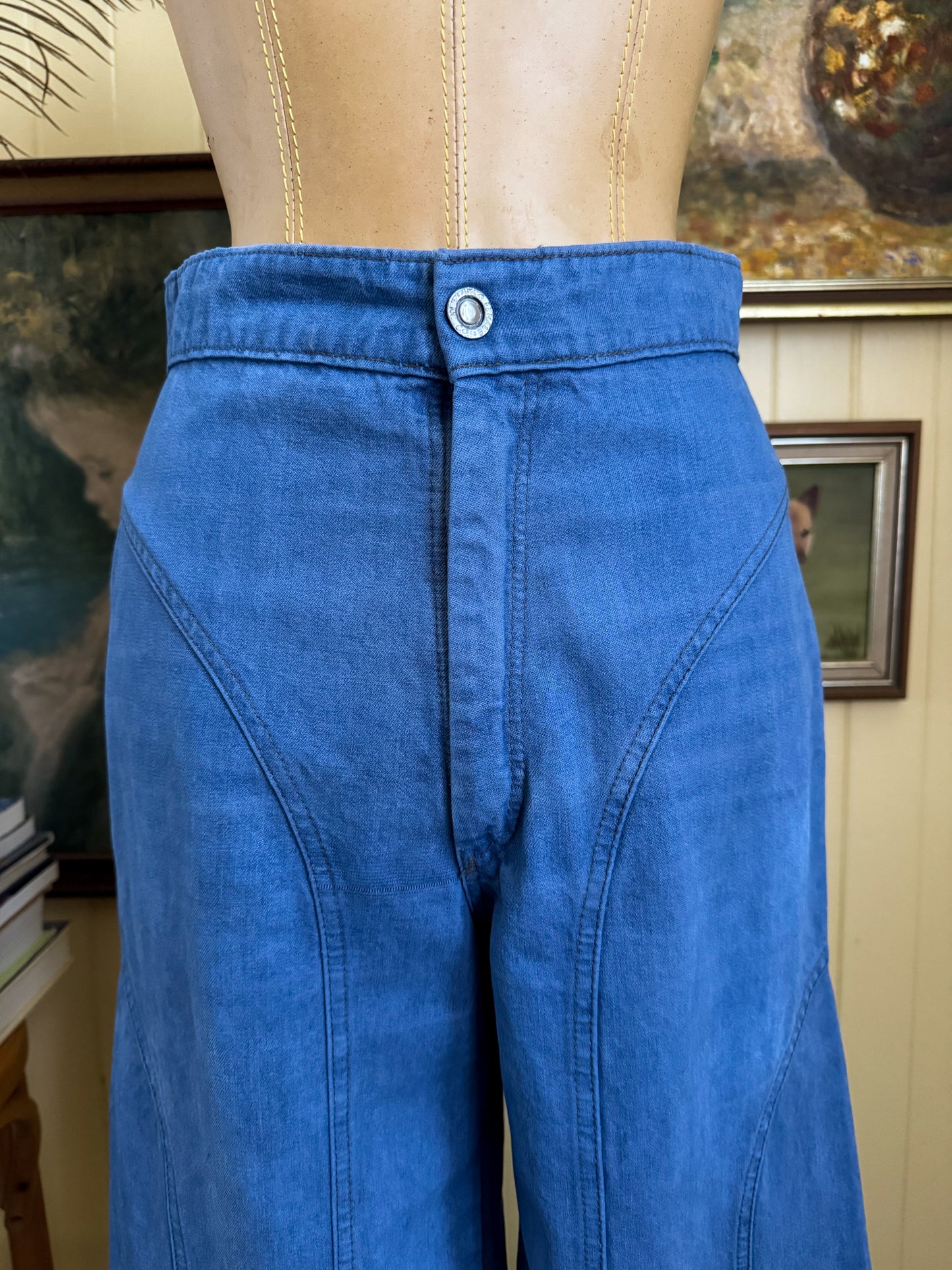 VINTAGE 1970S AMCO PEACHES HIGH WAIST PANELLED FLARE DENIM JEANS XS/S