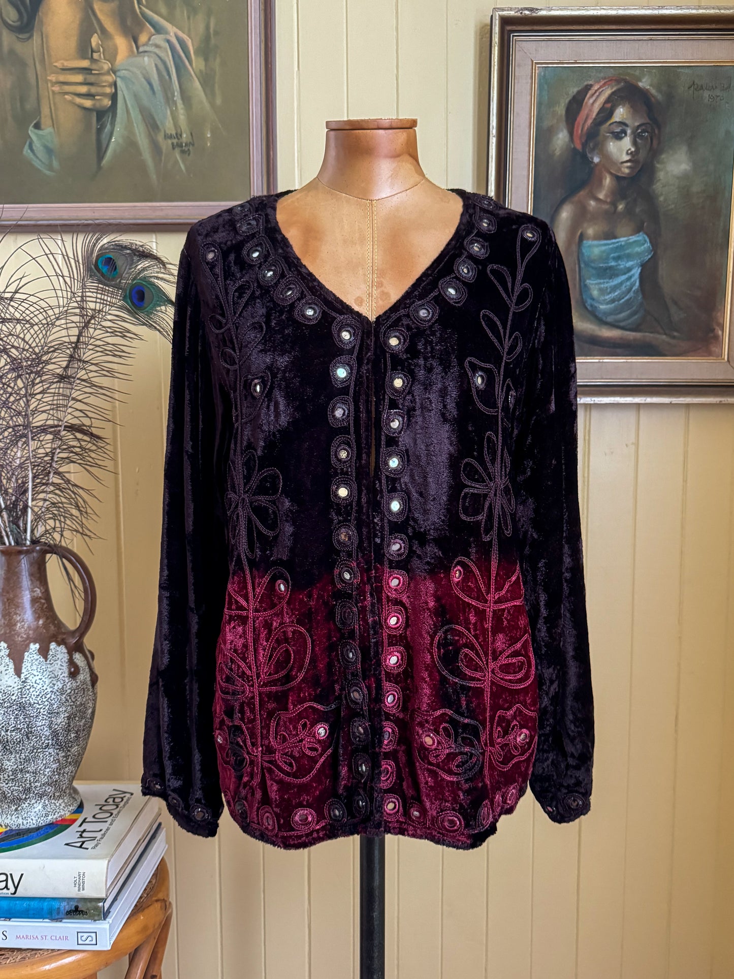 VINTAGE 1990S FRENCH COUNTRY INDIAN RAYON VELVET DIP DYE EMBROIDERED JACKET S/M