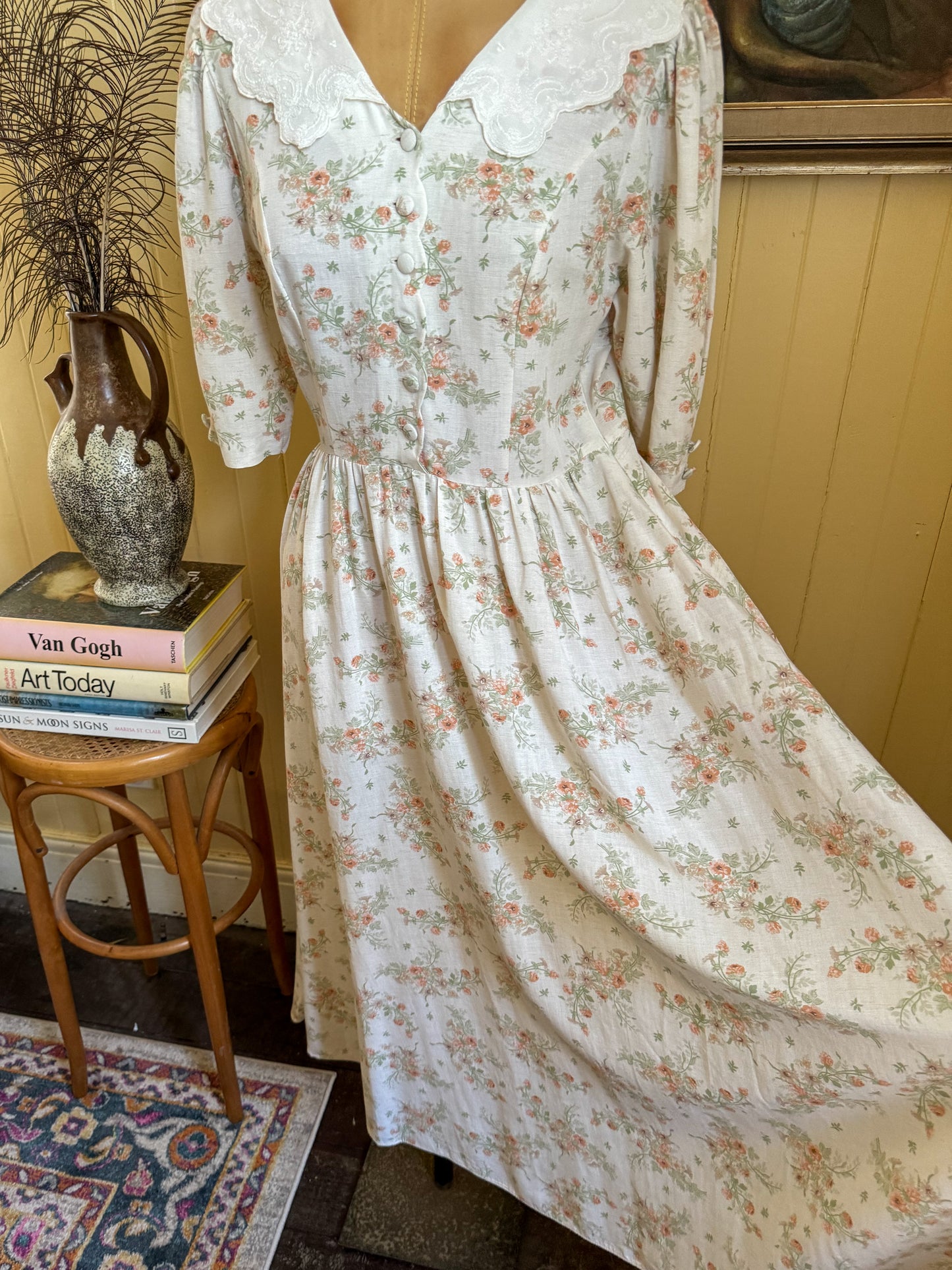 VINTAGE 1980S LAURA ASHLEY ENGLISH LACE COLLAR FLORAL PRINT PRAIRIE DRESS XS/S