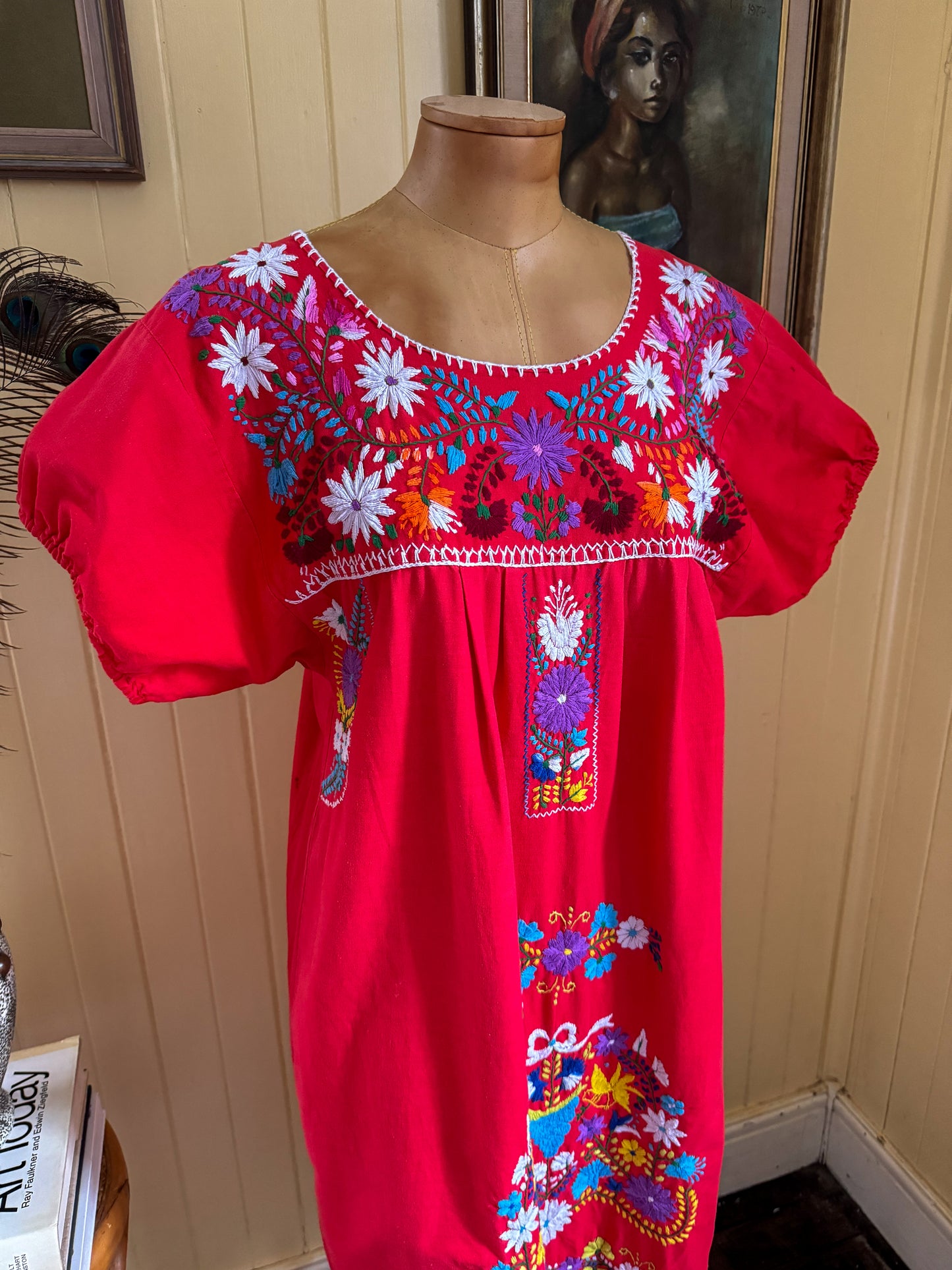 VINTAGE 1980S MEXICAN COTTON EMBROIDERED SMOCK MIDI DRESS S/M