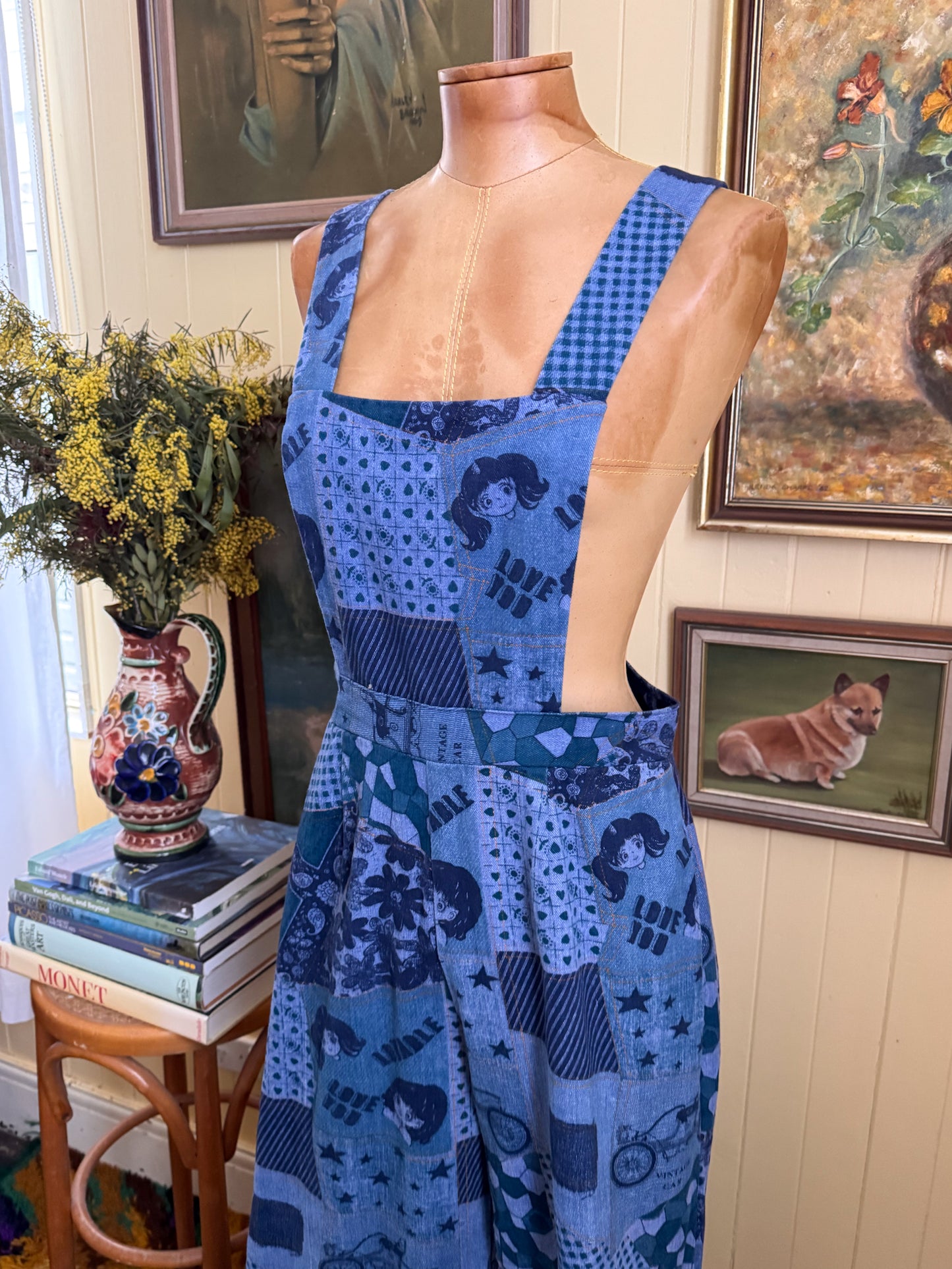 VINTAGE 1970S TRIKKELS COTTON DENIM NOVELTY PRINT WIDE LEG DUNGAREES OVERALLS S/M