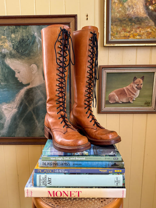 VINTAGE BORT CARLETON CAMPUS LEATHER KNEE HIGH LACE UP BOOTS 7.5/38