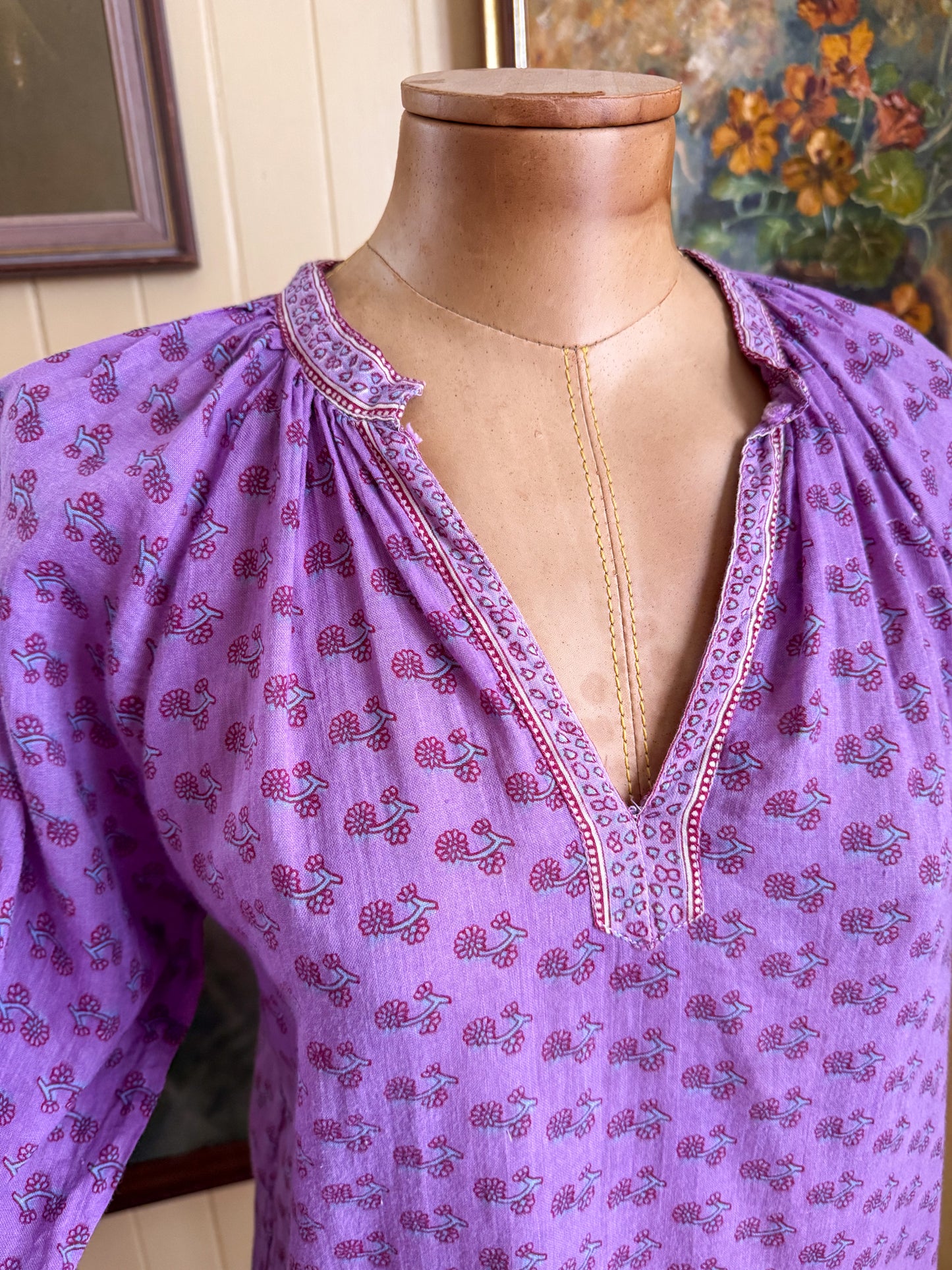 VINTAGE 1970S LASTANGO PAKISTANI COTTON GAUZE BLOCK PRINT BLOUSE S/M