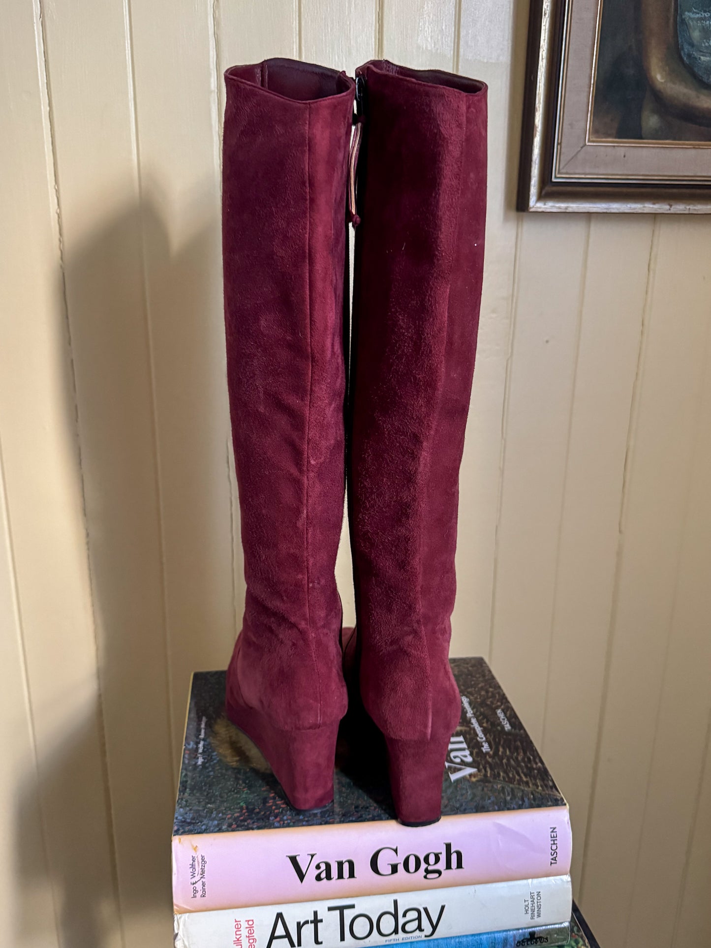 VINTAGE 1990S RARE BIBA PLUM SUEDE LEATHER KNEE HIGH WEDGE BOOTS 37/6