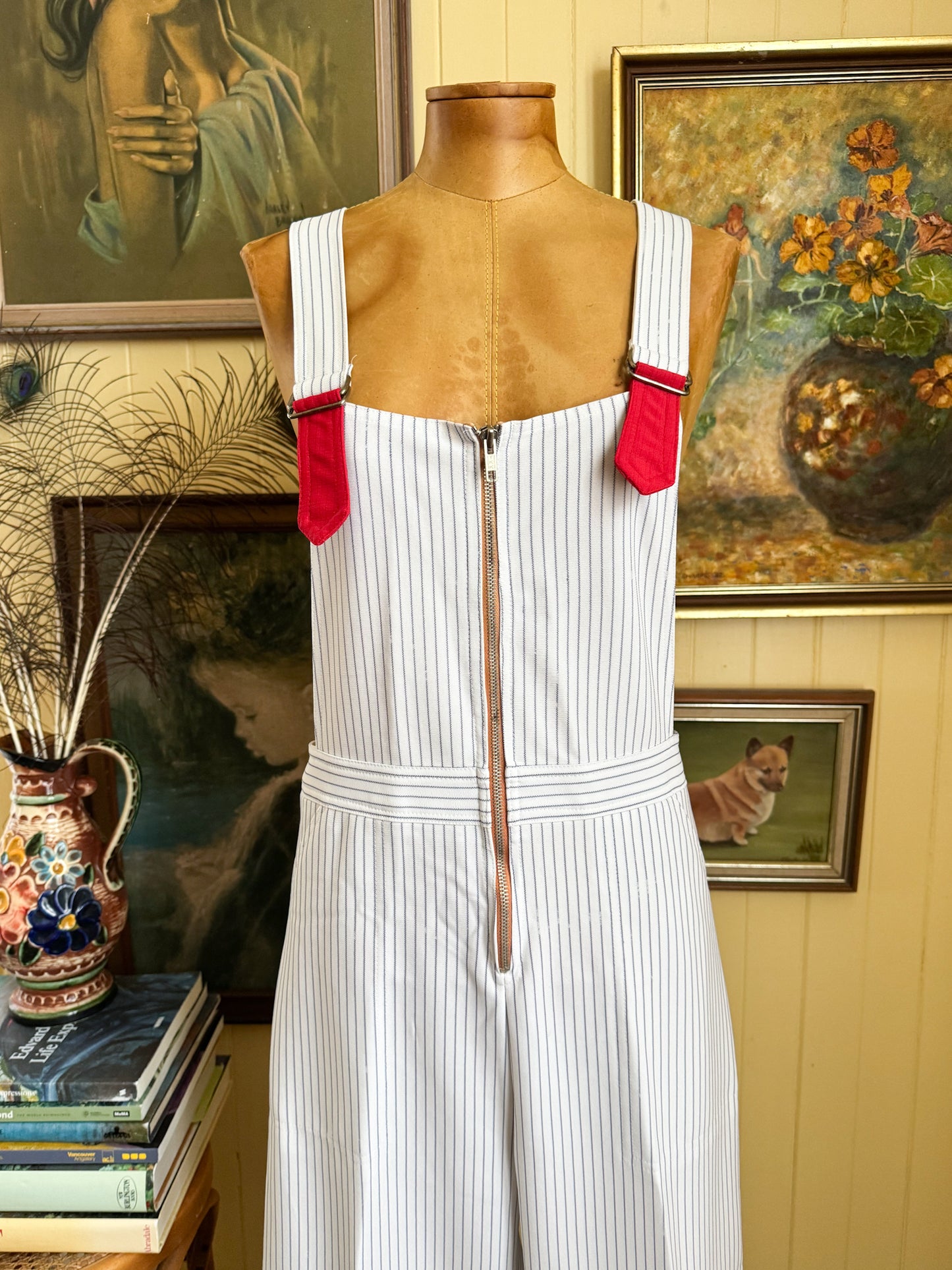 VINTAGE 1970S KOREAN MATCHMATES POLY STRIPED WIDE LEG DUNGAREES OVERALLS S/M