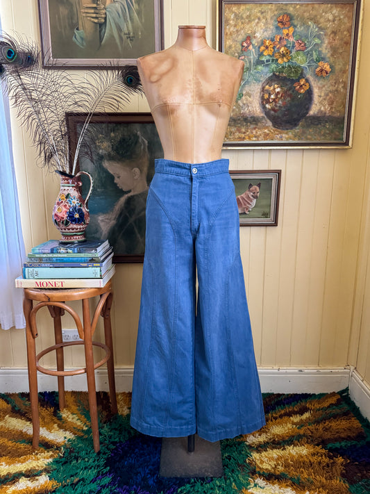 VINTAGE 1970S AMCO PEACHES HIGH WAIST PANELLED FLARE DENIM JEANS XS/S