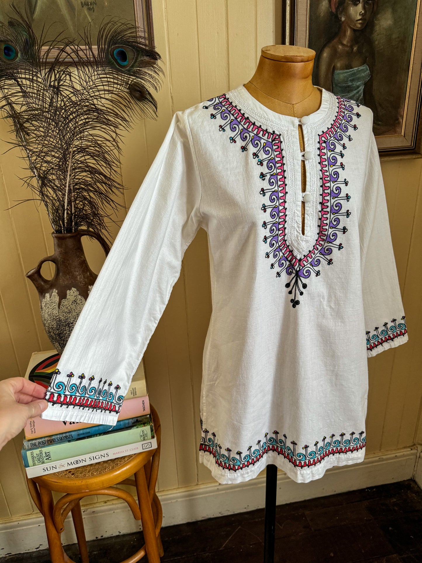 VINTAGE 1970S PAKISTANI COTTON EMBROIDERED TUNIC BLOUSE S