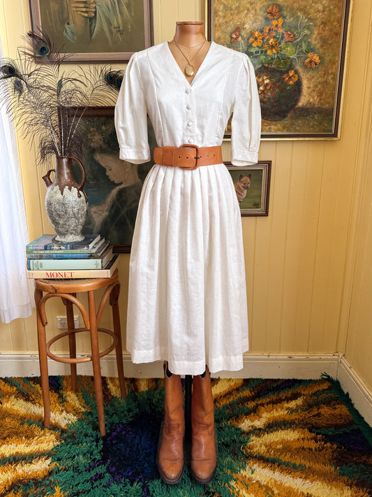 VINTAGE 1990S ENGLISH LAURA ASHLEY LINEN/COTTON BUTTON FRONT PRAIRIE MIDI DRESS XS/S