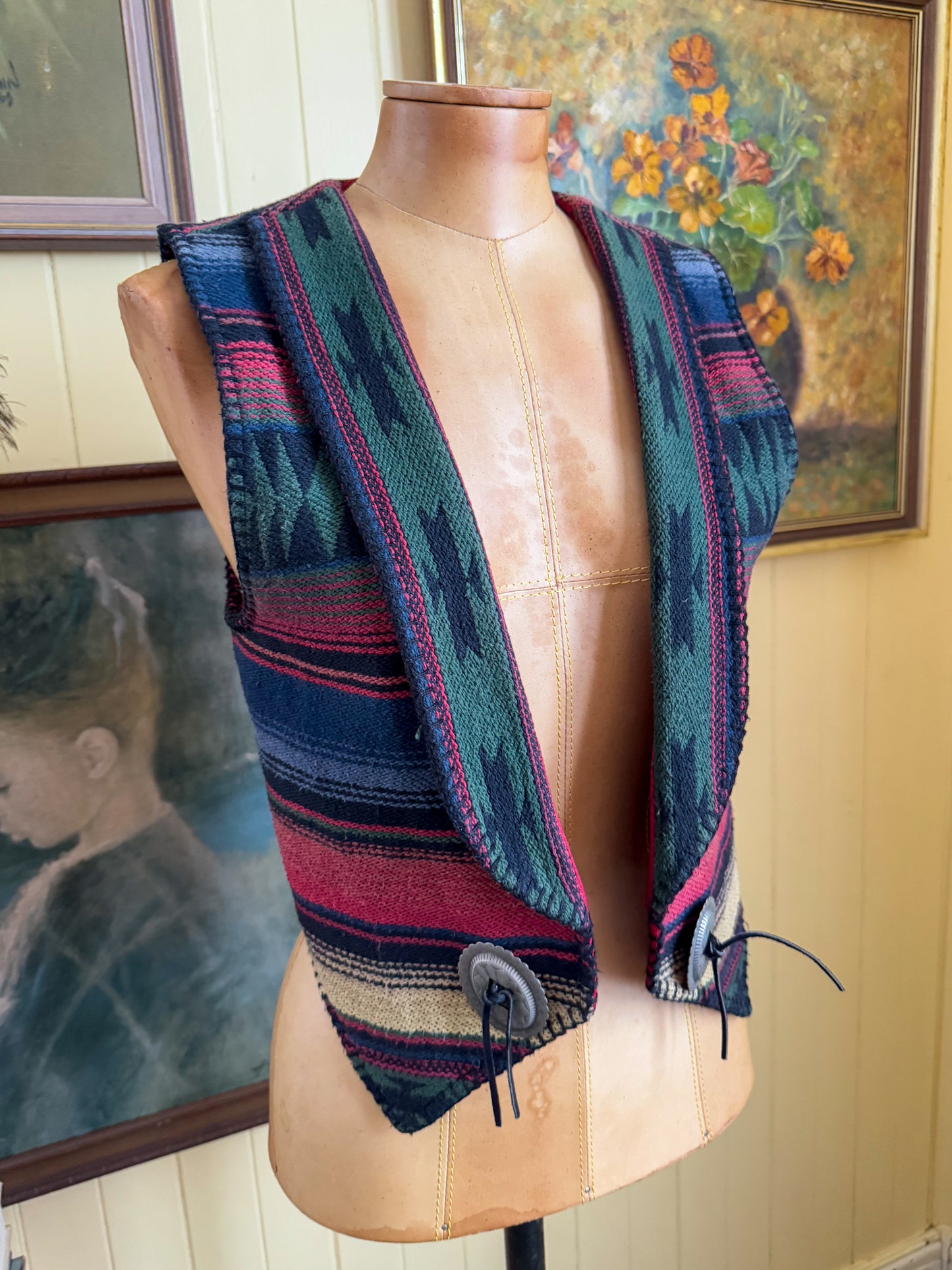 VINTAGE 1980S AMERICAN SHARON YOUNG COTTON SERAPE WOVEN CONCHO VEST S