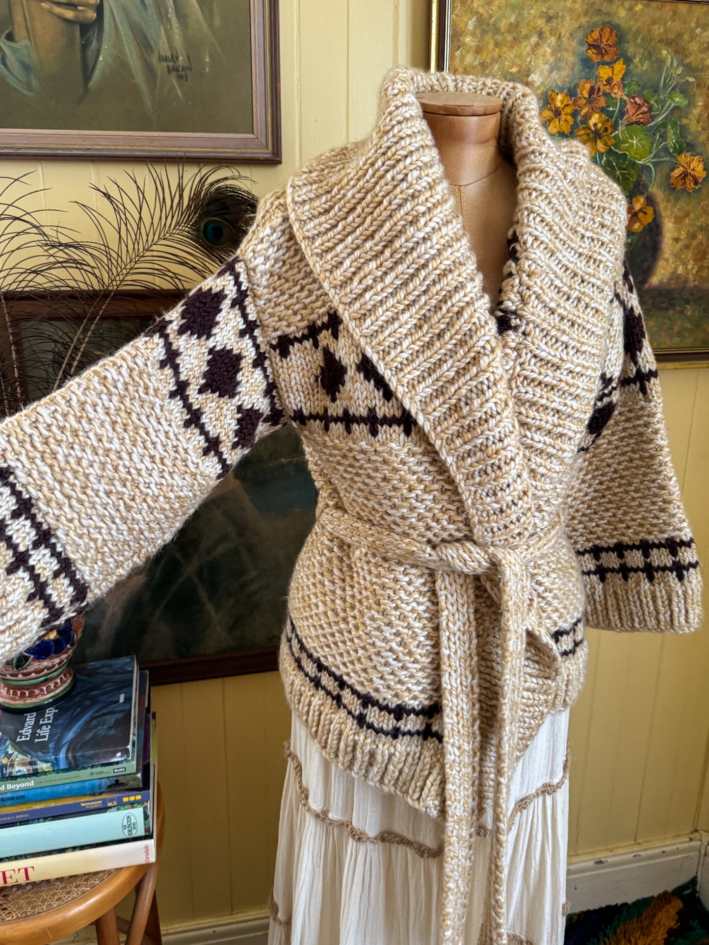 VINTAGE 1970S WOOL HAND KNIT STARSKY AND HUTCH CHUNKY KNIT WRAP CARDIGAN S