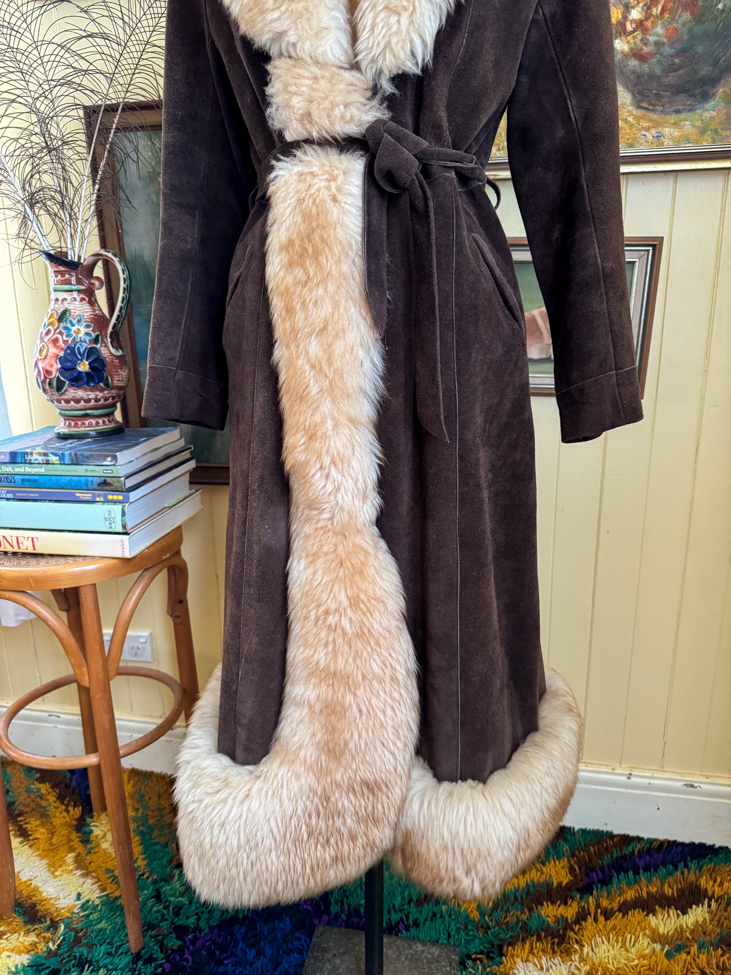 VINTAGE 1970S CHOCOLATE BROWN SUEDE LEATHER LONGLINE PENNY LANE SHEARLING COAT S