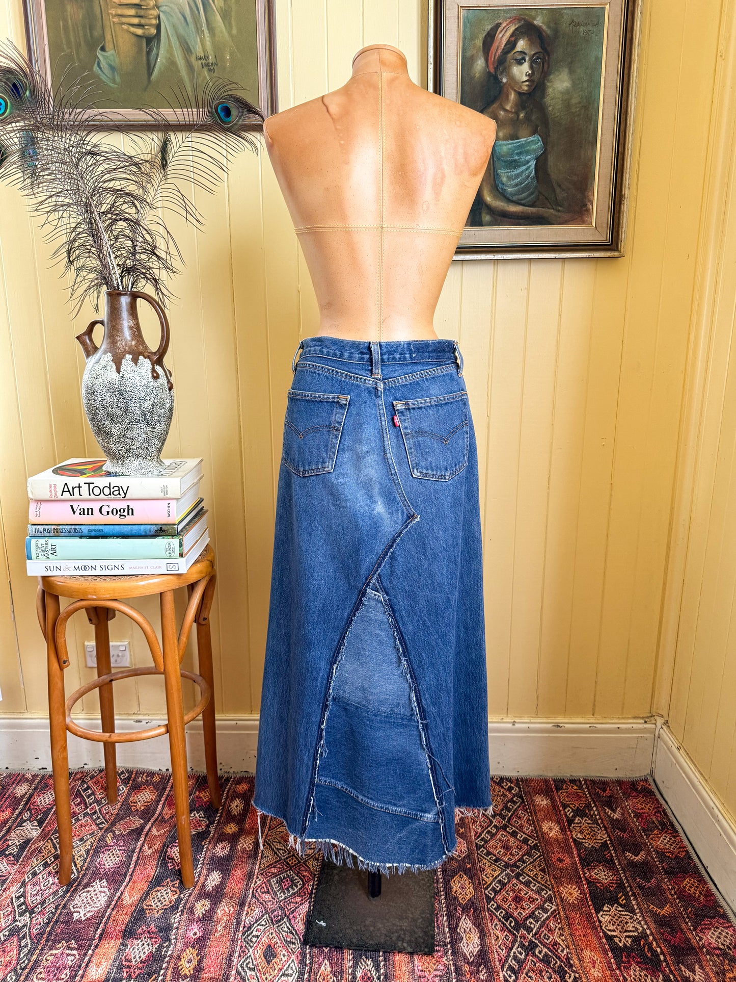 VINTAGE REWORKED LEVI’S COTTON DENIM PANELLED MIDI SKIRT S/M