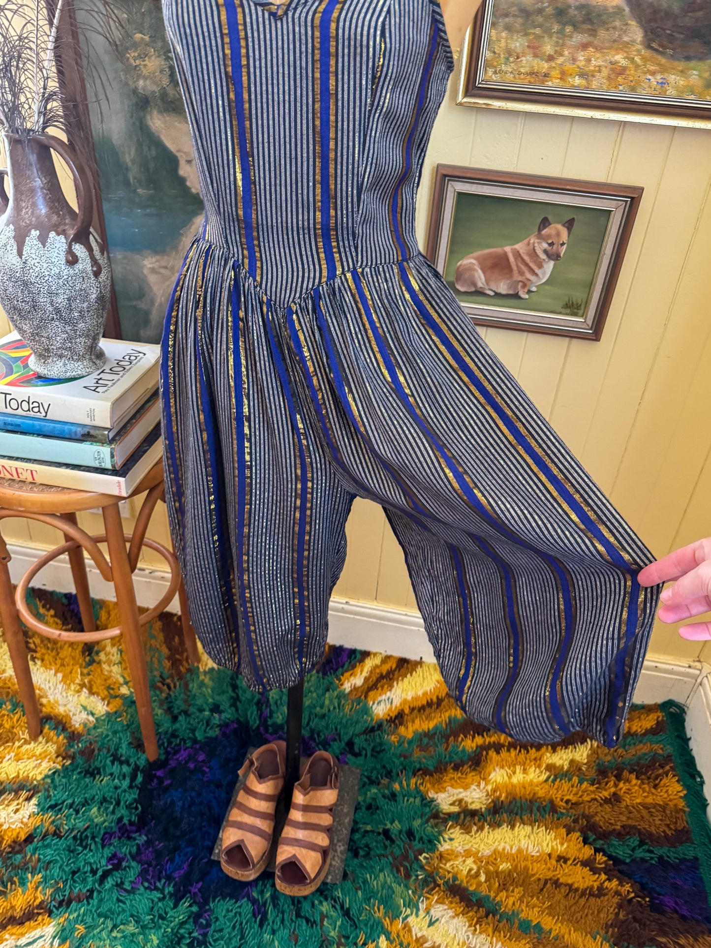 VINTAGE 1980S ADINI INDIAN COTTON LUREX STRAPPY CROPPED JUMPSUIT XS