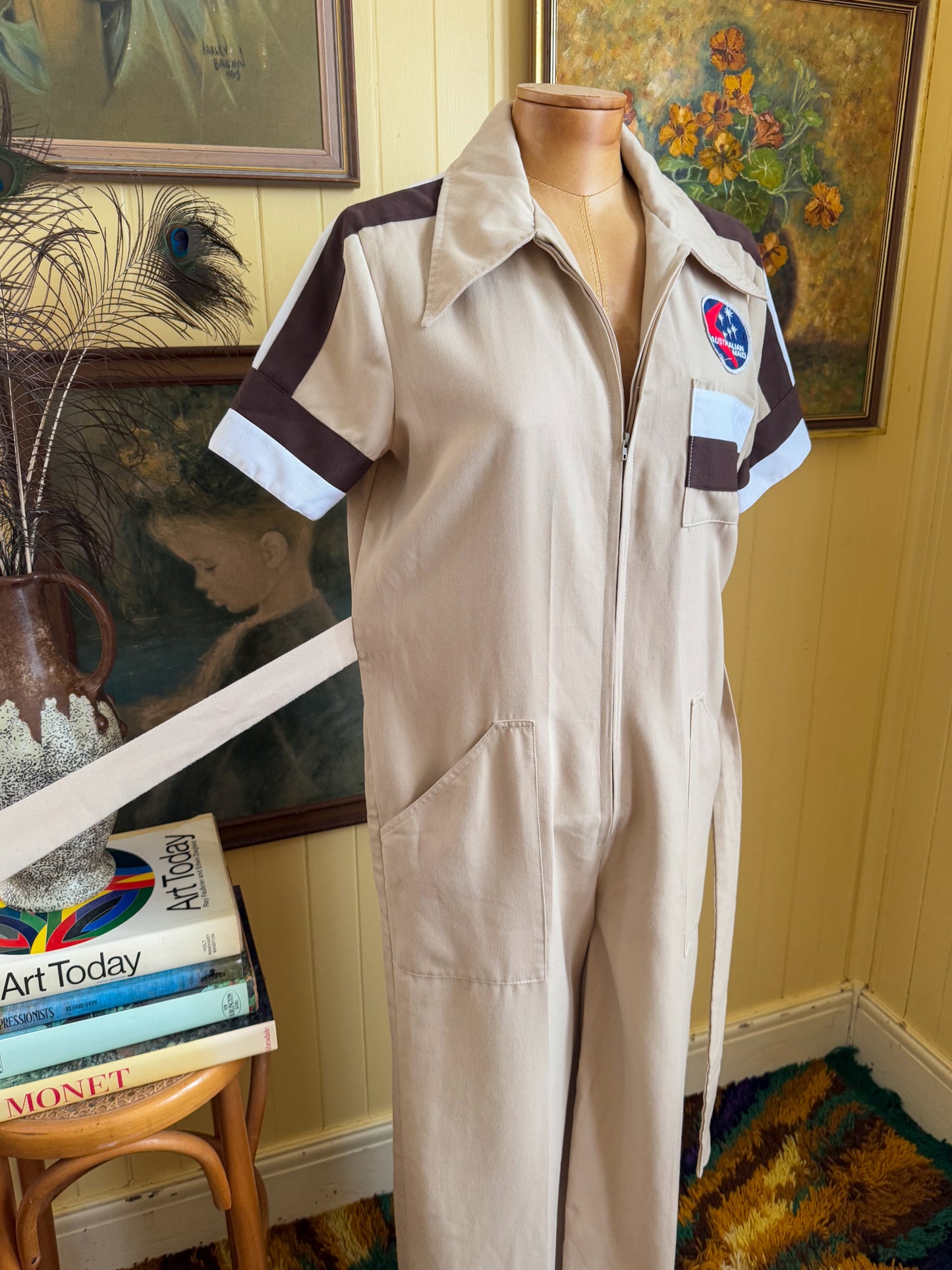 VINTAGE 1970S IBBI COTTON BLEND PATCH WIDE LEG BOILER SUIT S/M