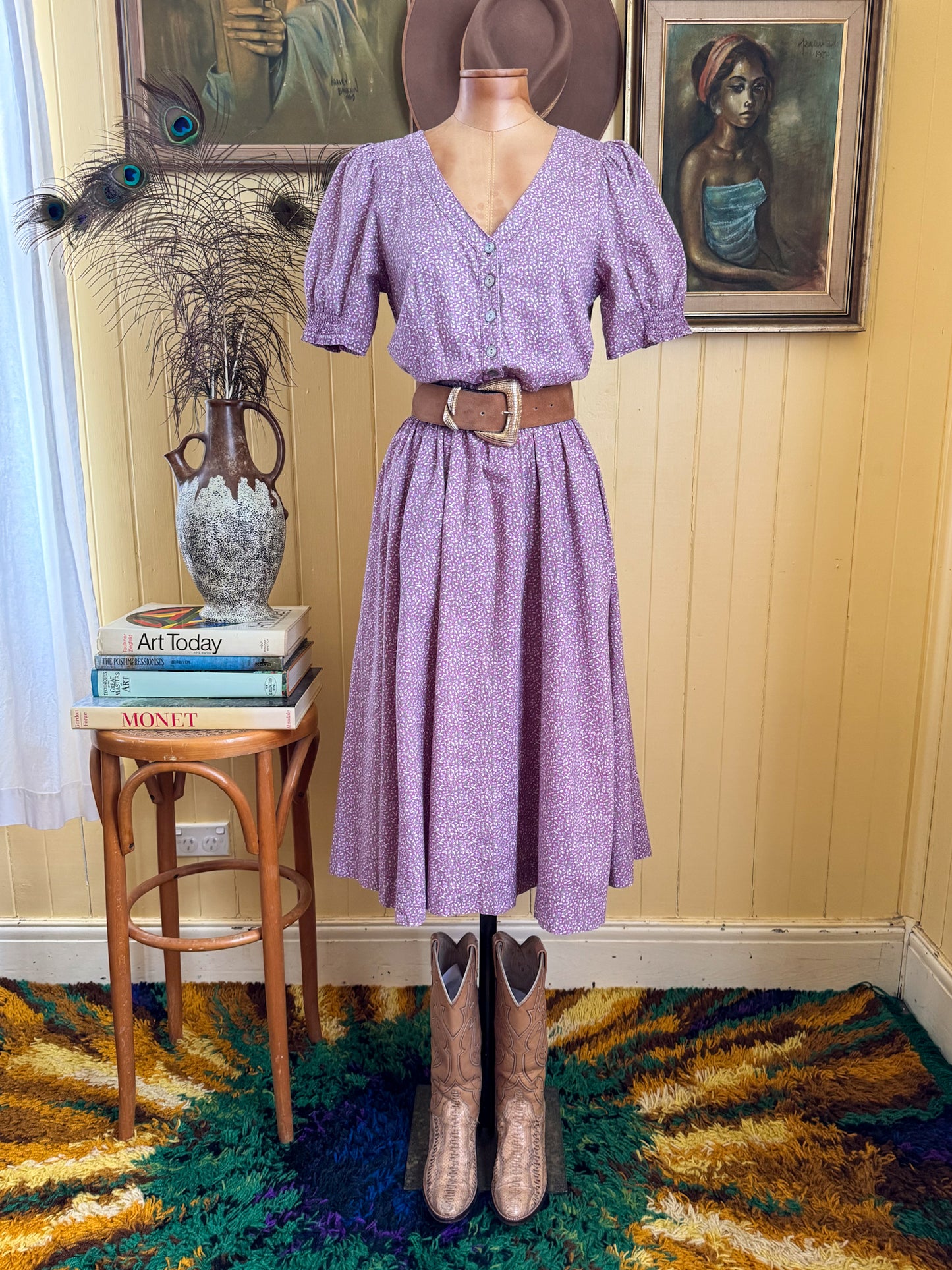 VINTAGE 1980S ENGLISH LAURA ASHLEY COTTON FLORAL PRINT PRAIRIE DRESS S/M