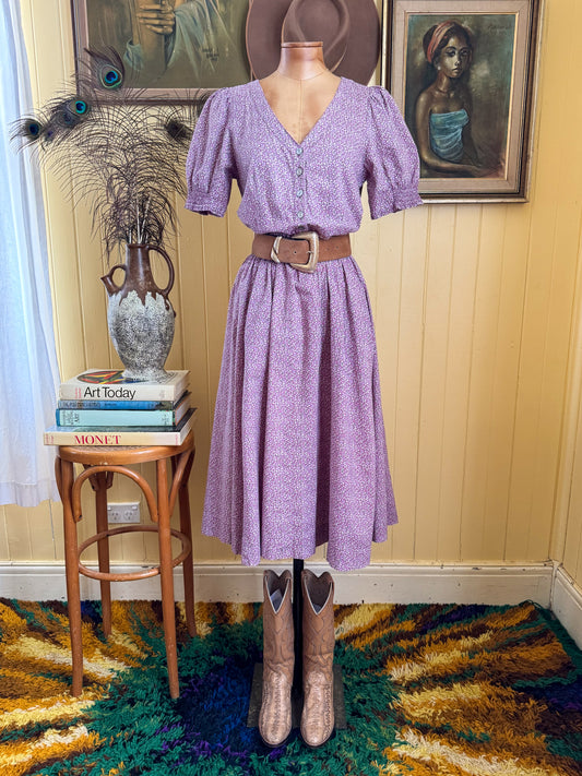 VINTAGE 1980S ENGLISH LAURA ASHLEY COTTON FLORAL PRINT PRAIRIE DRESS S/M