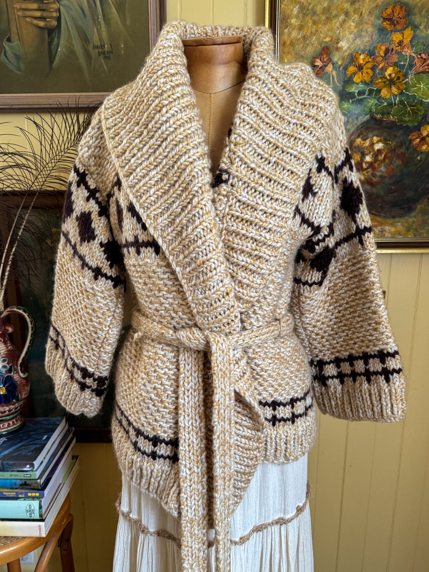 VINTAGE 1970S WOOL HAND KNIT STARSKY AND HUTCH CHUNKY KNIT WRAP CARDIGAN S