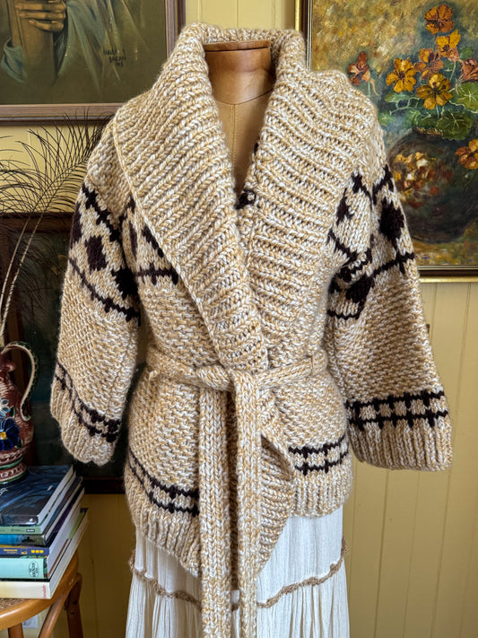VINTAGE 1970S WOOL HAND KNIT STARSKY AND HUTCH CHUNKY KNIT WRAP CARDIGAN S