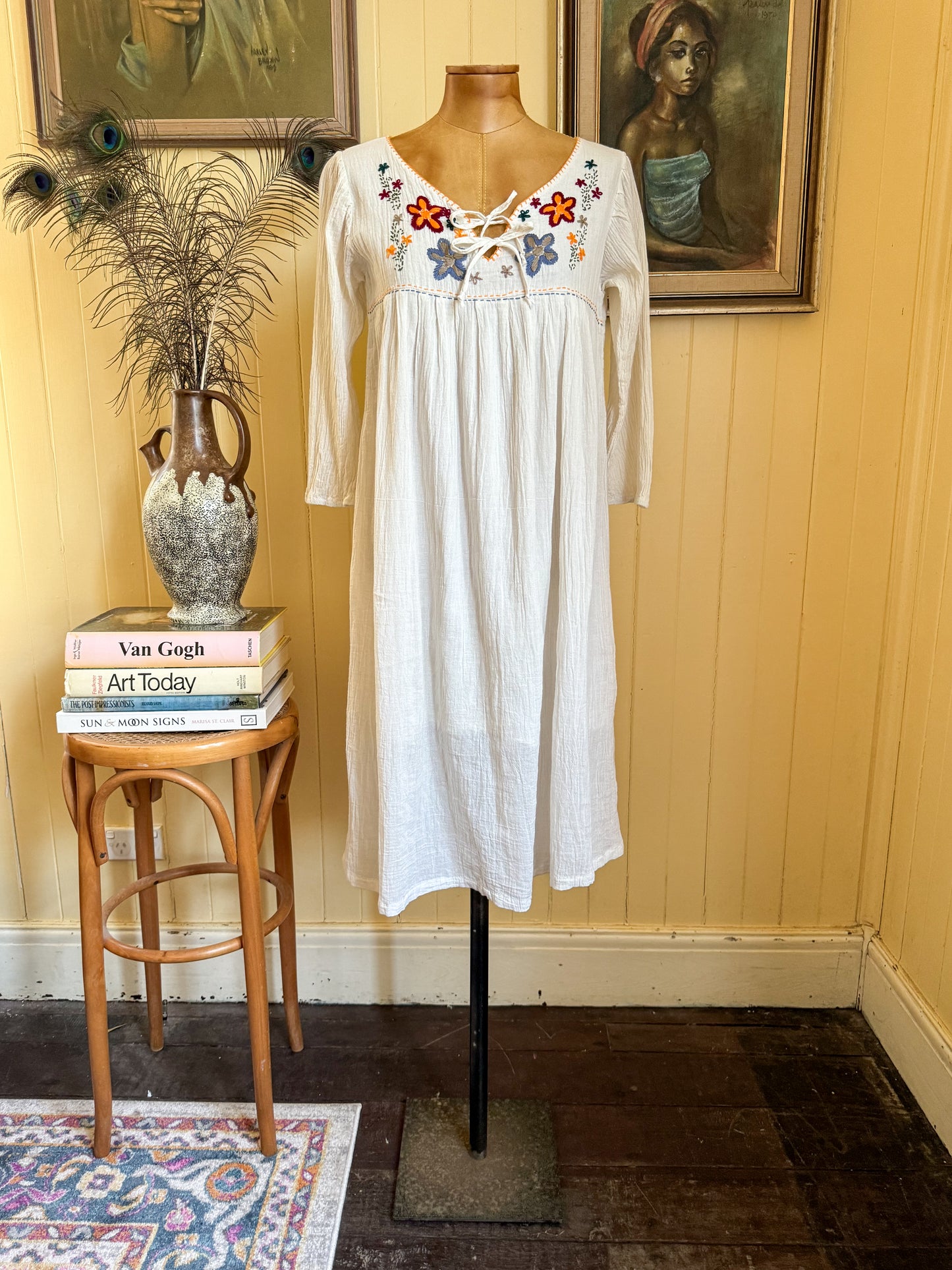 VINTAGE 1990S COTTON CHEESECLOTH EMBROIDERED MIDI SUNDRESS S/M