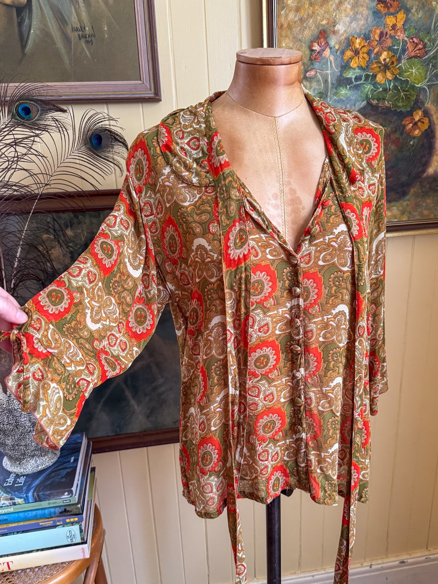 PRELOVED GOLDEN BROWN THE LABEL PAISLEY SILK BUTTON THROUGH BLOUSE M