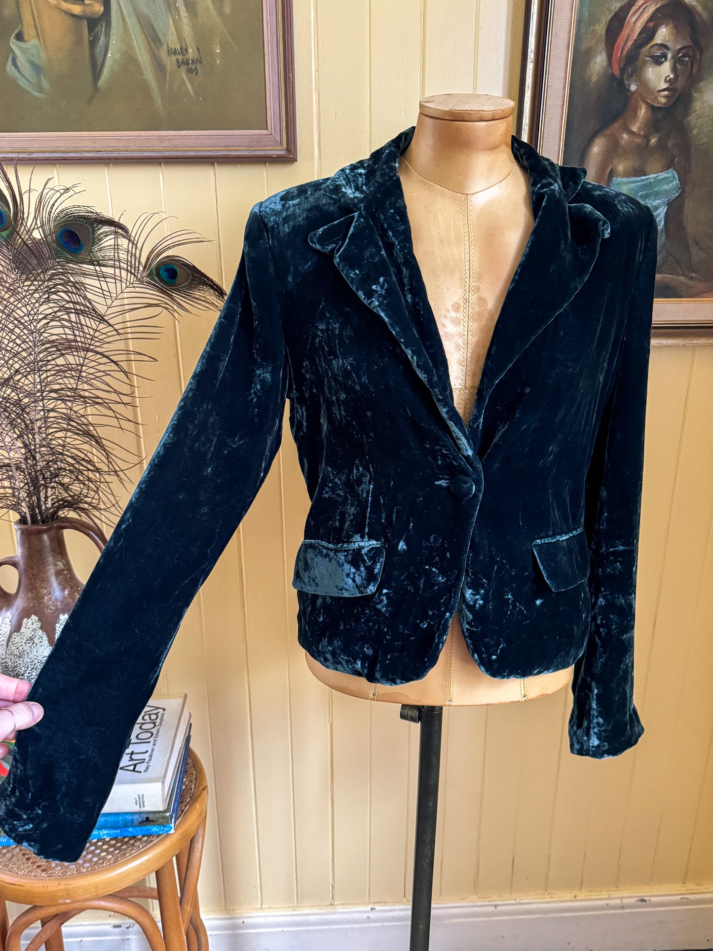 VINTAGE 1990S MISS SHOP SILK BLEND VELVET CROPPED BLAZER JACKET S