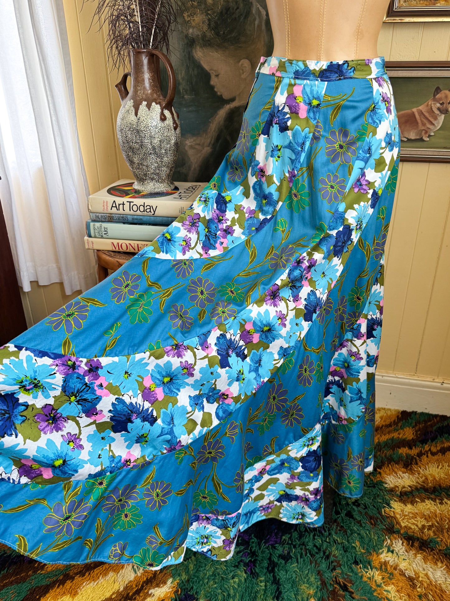 VINTAGE 1970S HANDMADE COTTON PRINT SPLICED CIRCLE MAXI SKIRT XS