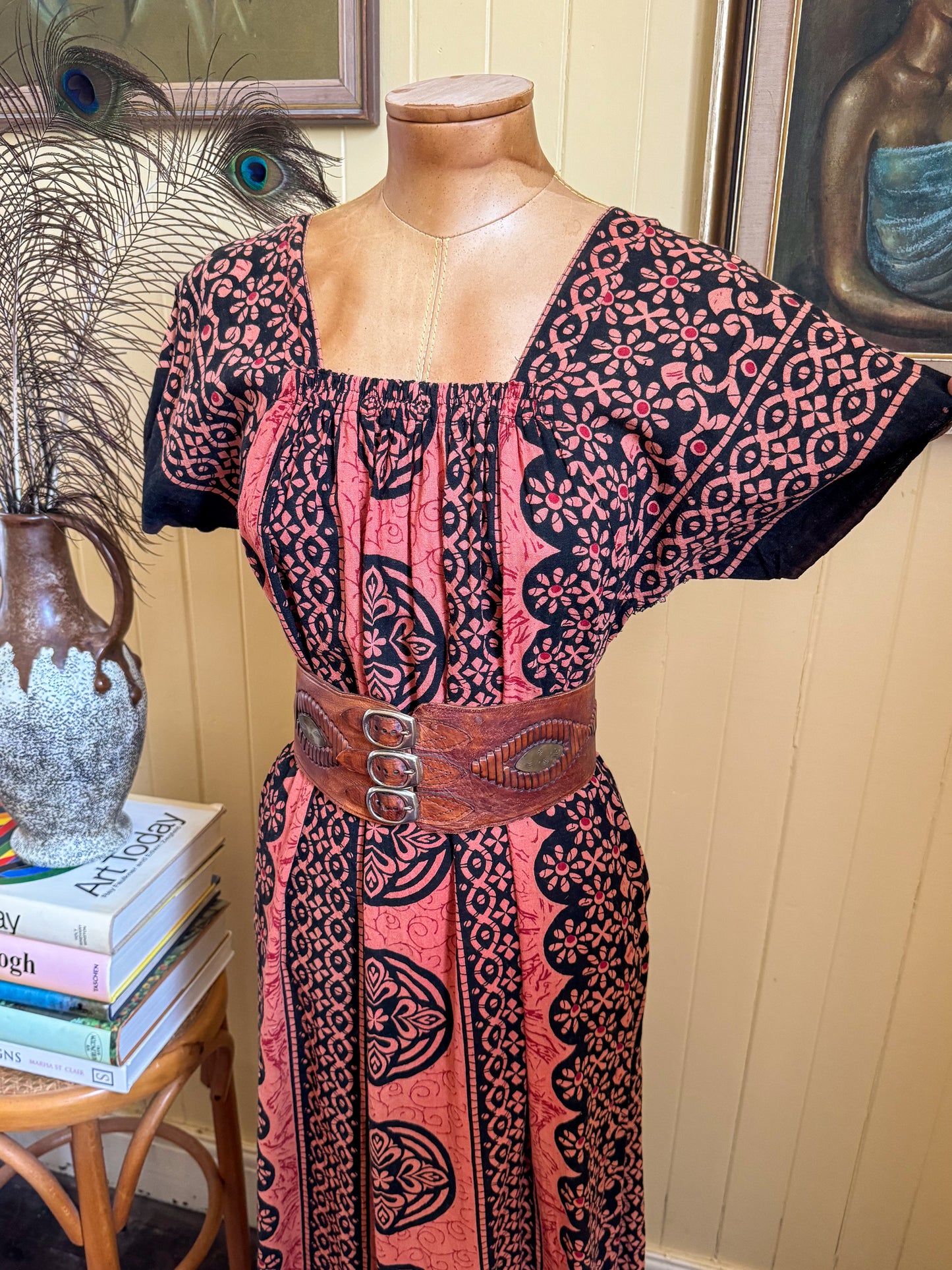 VINTAGE 1980S COTTON BATIK PRINT MAXI SMOCK DRESS M