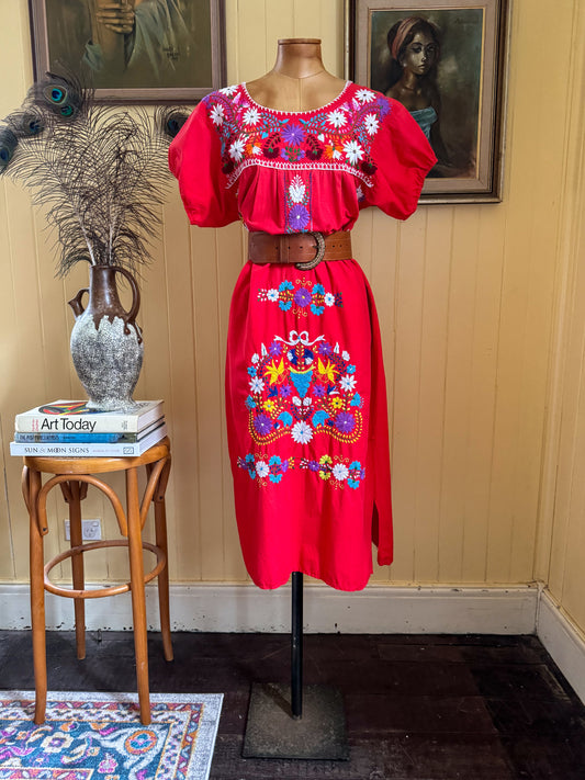 VINTAGE 1980S MEXICAN COTTON EMBROIDERED SMOCK MIDI DRESS S/M